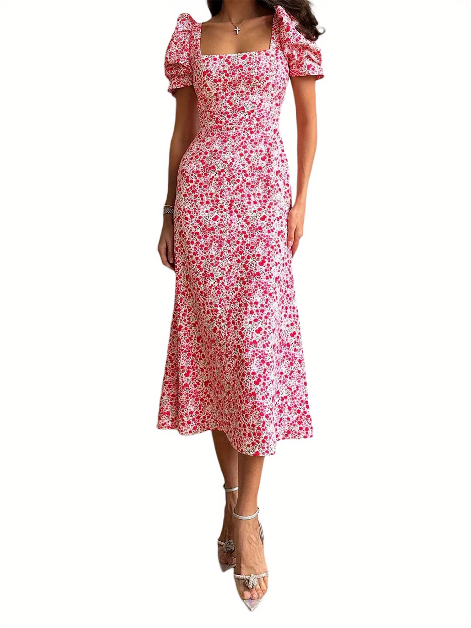 Floral Print Square Neck Midi Dress, Elegant Puff Sleeve A Line Dress For Spring & Summer, Women's Clothing