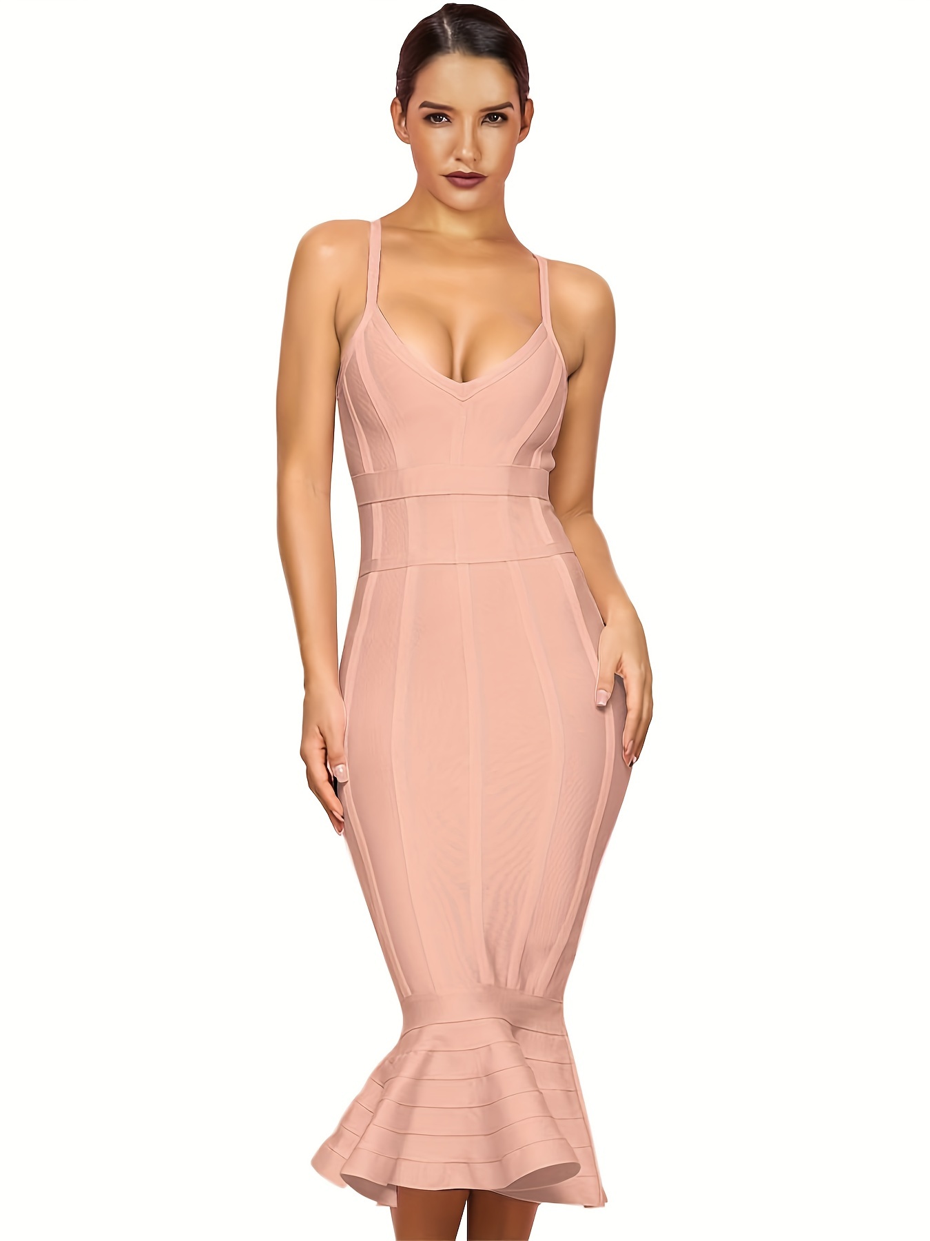 Women's Fashion Sexy Temperament Elegant Tight Suspender V-neck Ruffle Summer Mid-length Bandage Dress Party Cocktail Evening Dress
