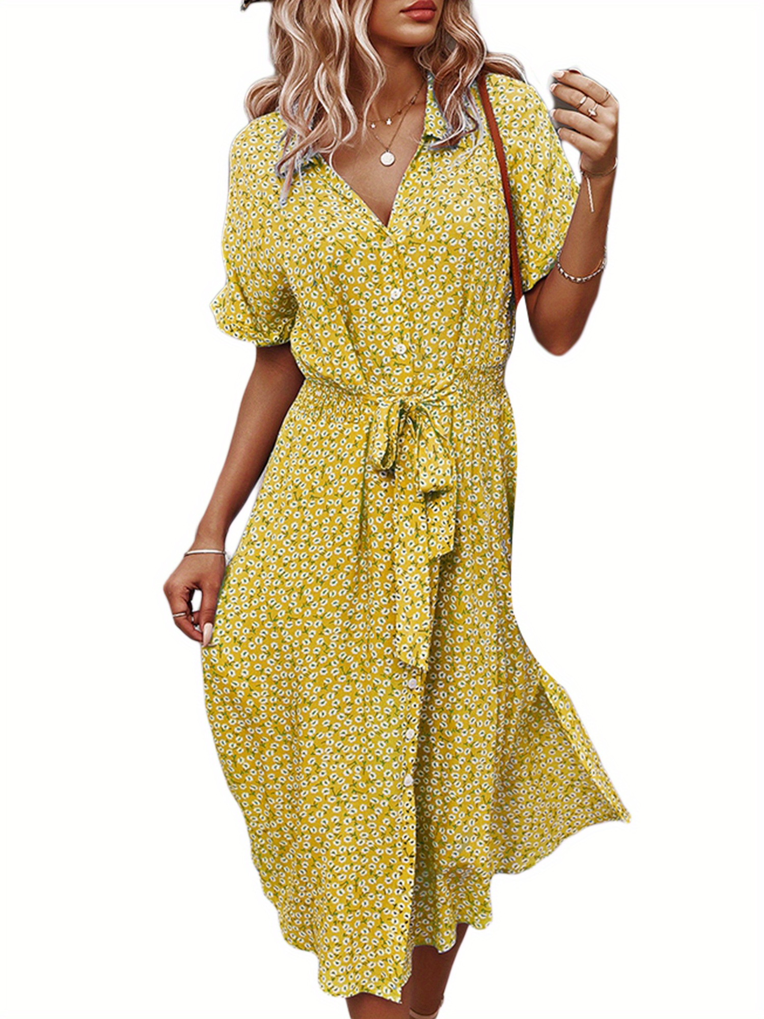 Allover Print Single Breasted Shirt Dress, Elegant Short Sleeve Belted Dress For Spring & Summer, Women's Clothing
