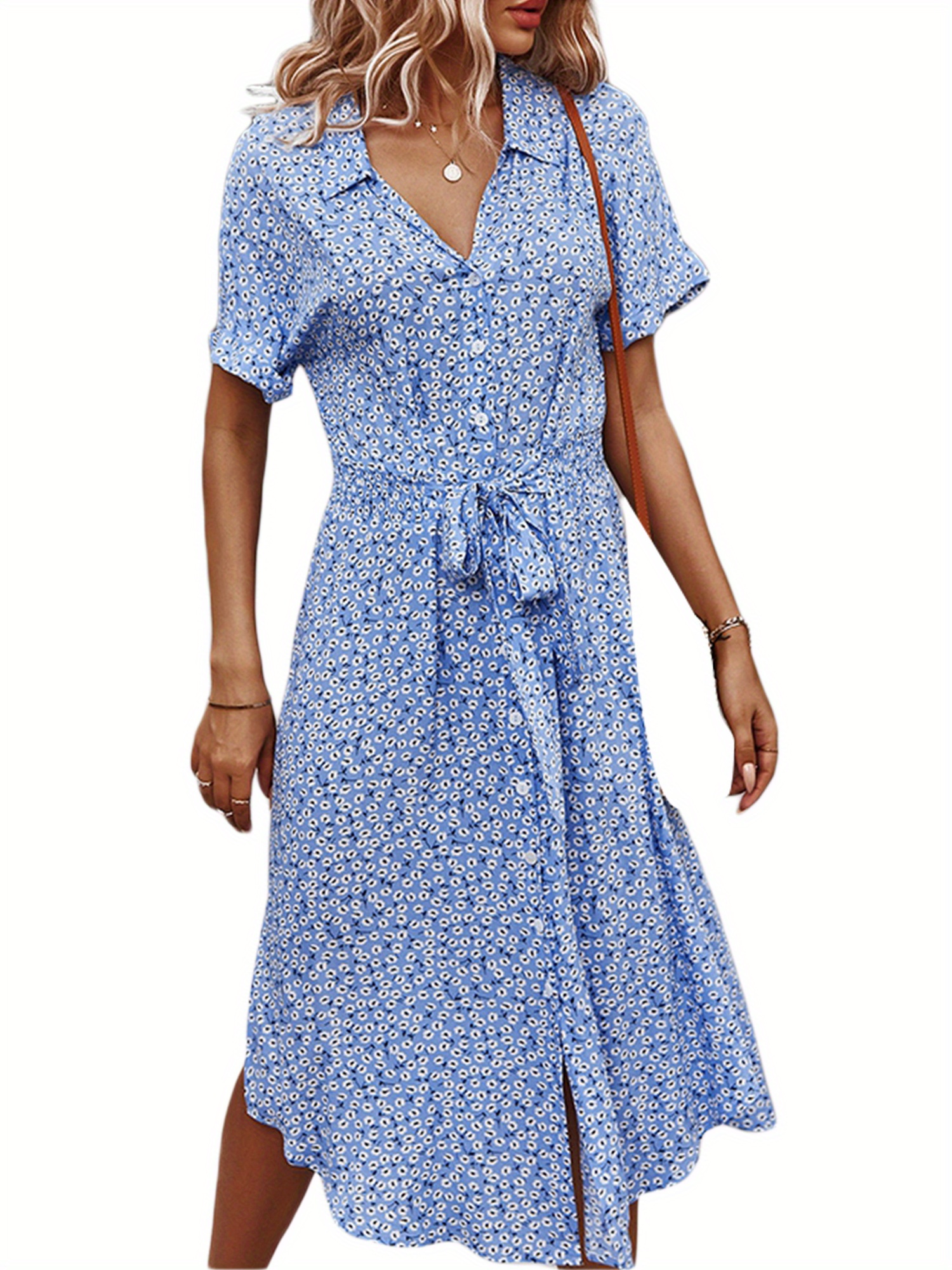 Floral Print Button Up Collared Dress, Casual Short Sleeve Tied Waist Midi Dress, Women's Clothing