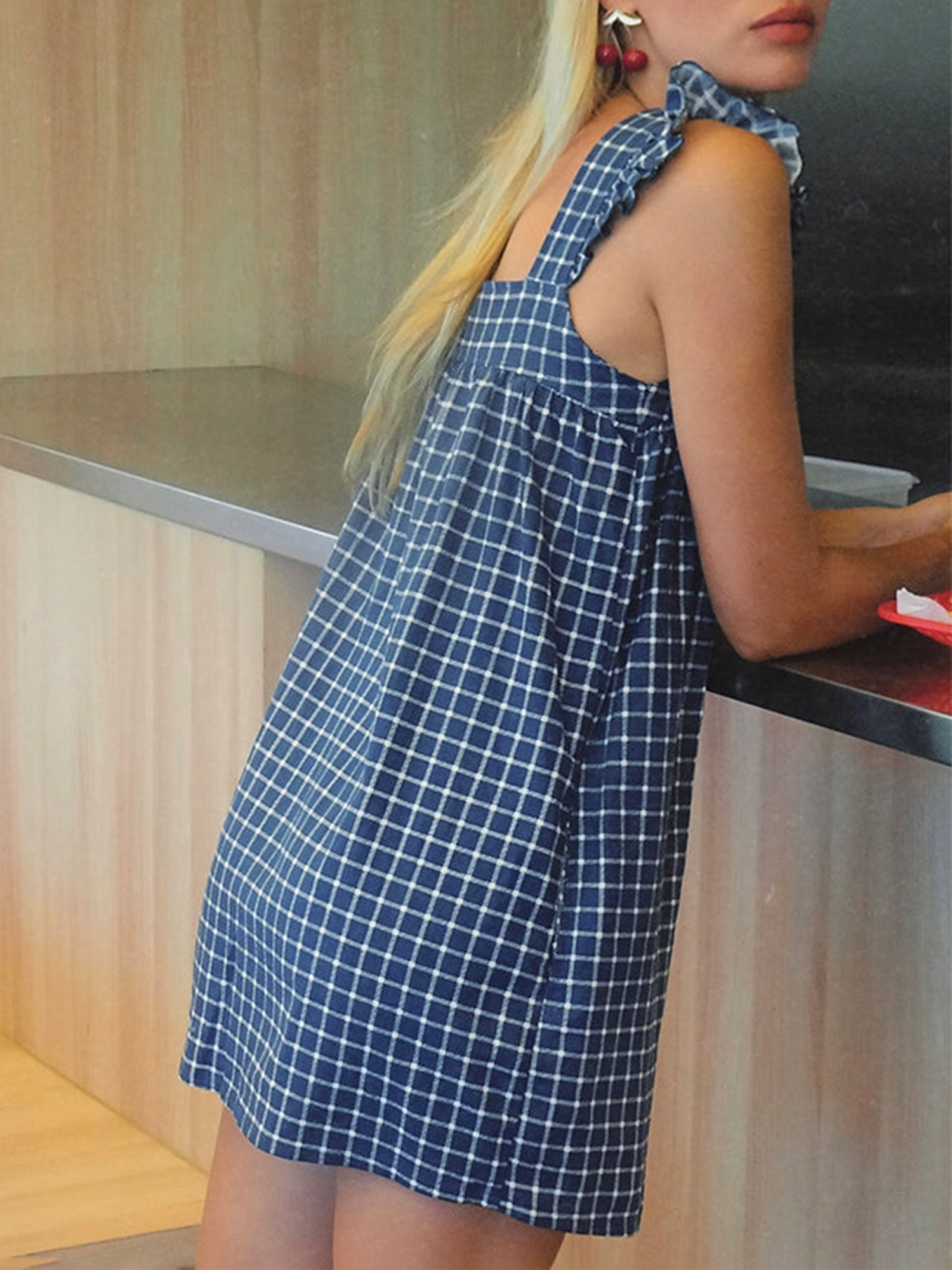 Plaid Print Strap Dress, Casual Sleeveless Backless Ruffle Hem Strap Dress For Spring & Summer, Women's Clothing