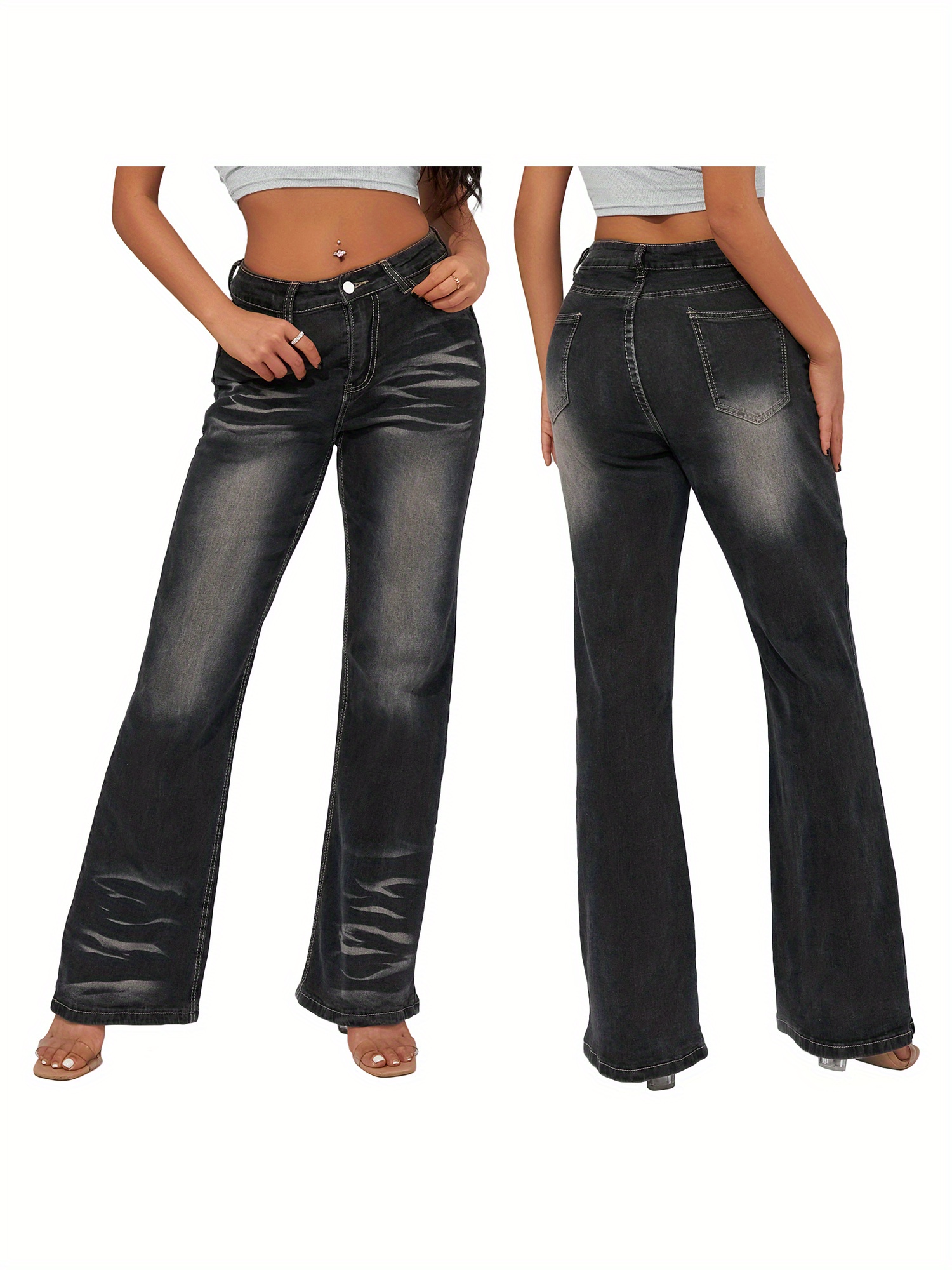 Whiskering Washed Casual Style Zipper Button Closure Wide Leg Denim Pants, Women's Denim Jeans & Clothing