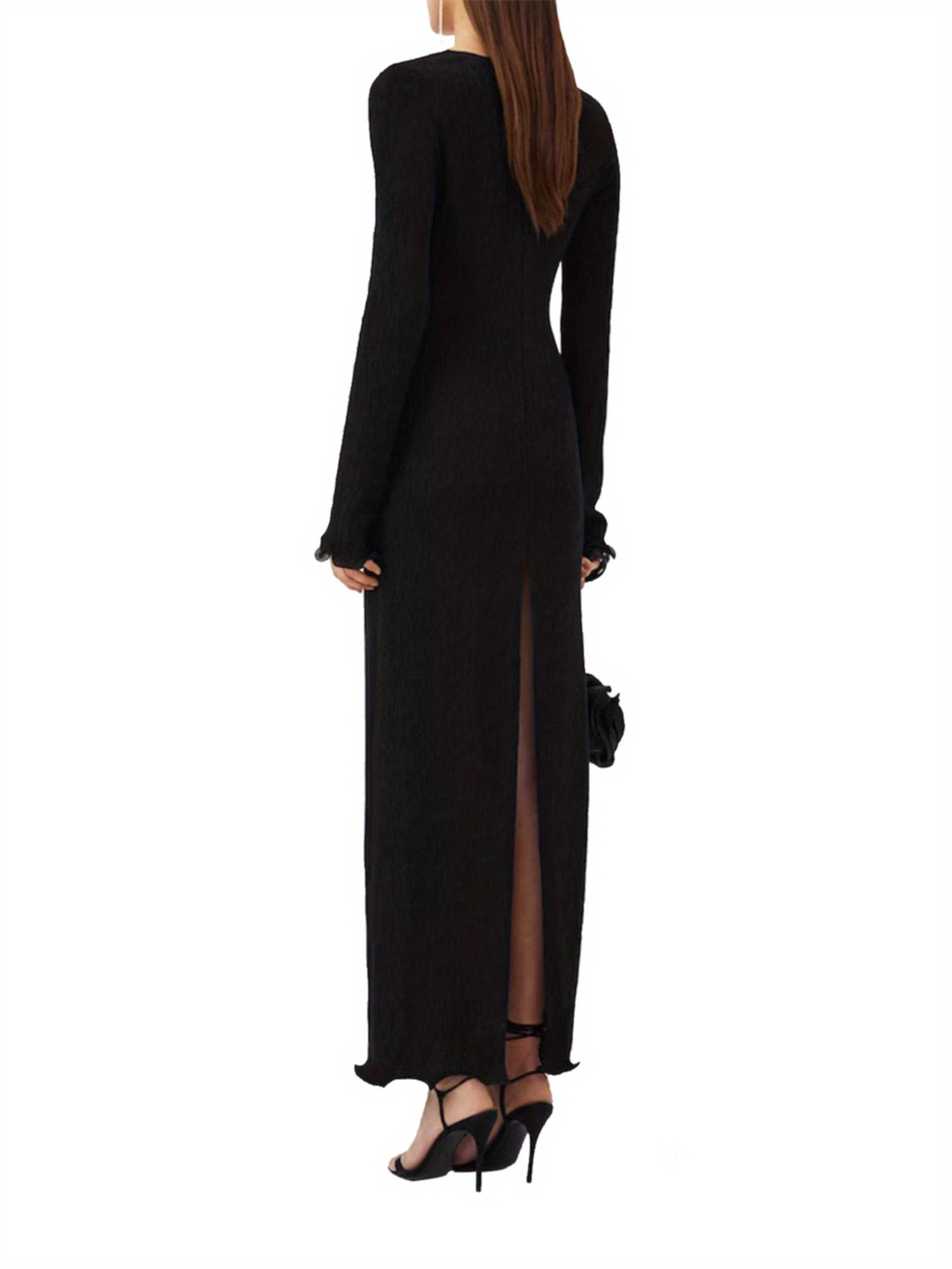 Women Long Dress, Long Sleeve Slit Dress Flower Slim Fit Cocktail Dress for Party Evening