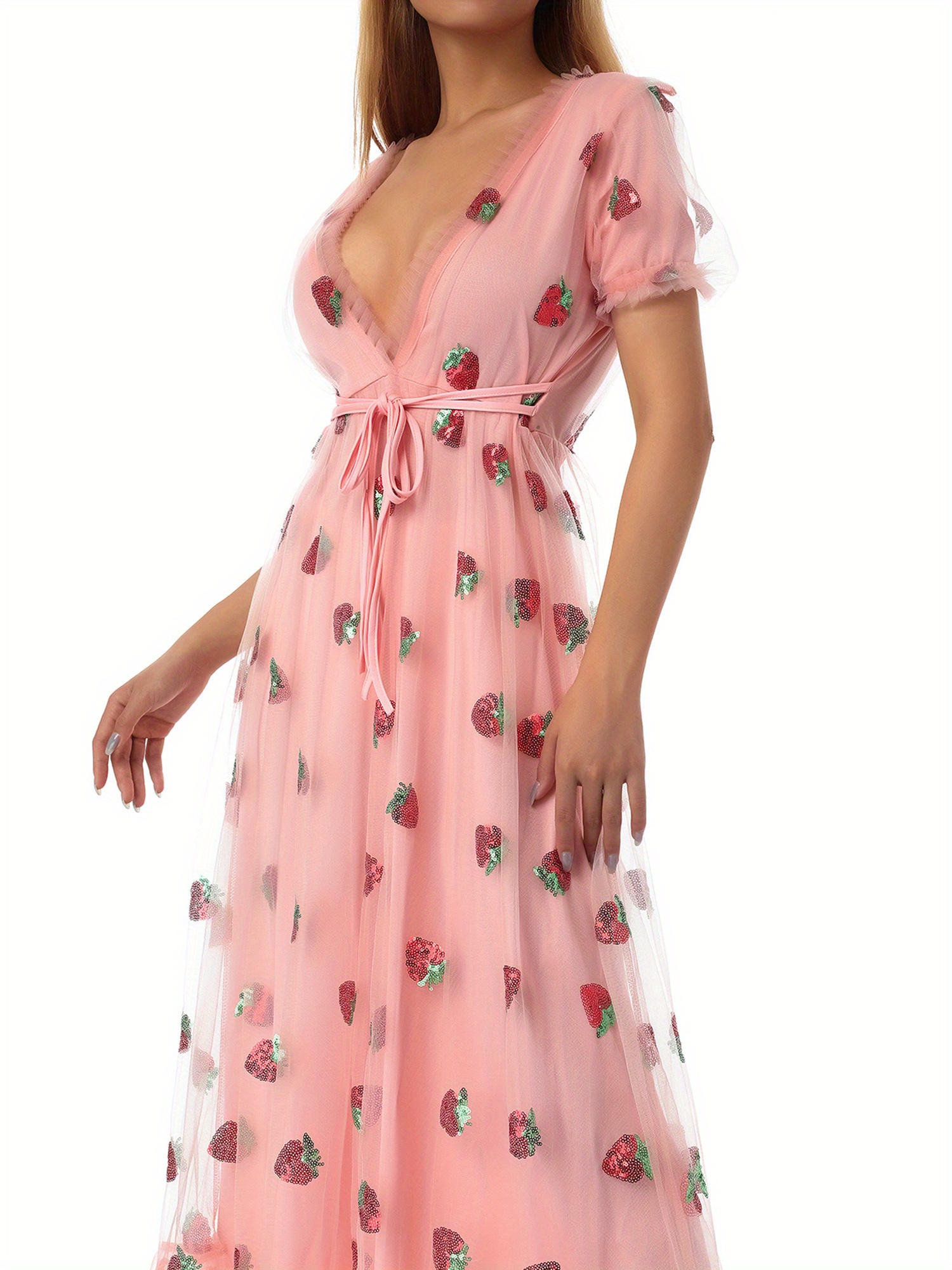 Women Sequin Embroidered Strawberry Cocktail Dress Lace Up Mesh Yarn Plunge V Neck A-line Pleated Dresses