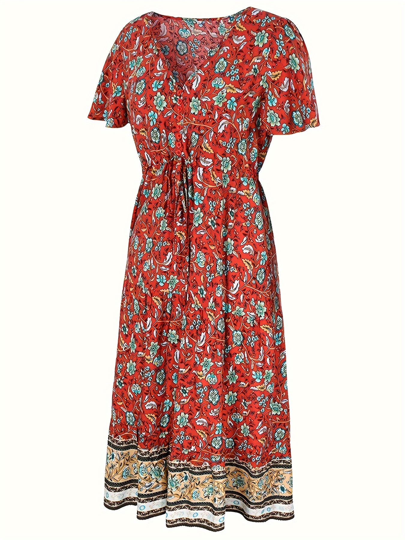 Vintage Chic Floral Print V-Neck Ruffle Hem Dress - Short Sleeve, Button Front, Flowy Fit, Perfect for Spring & Summer - Womens Clothing, Casual Style, Floral Pattern, Ruffled Hem, Vintage Inspired