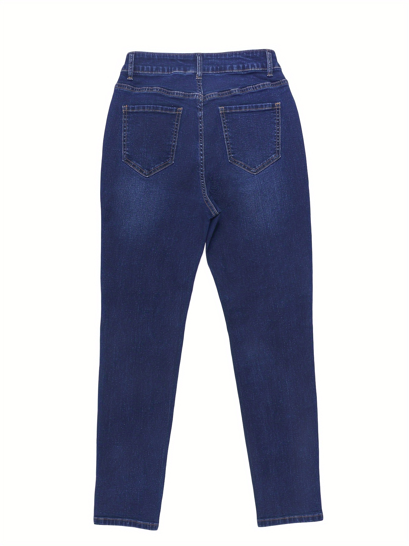Skinny Fit Ripped Plain Washed Blue Casual Style Zipper Button Closure Denim Pants, Women's Denim Jeans & Clothing