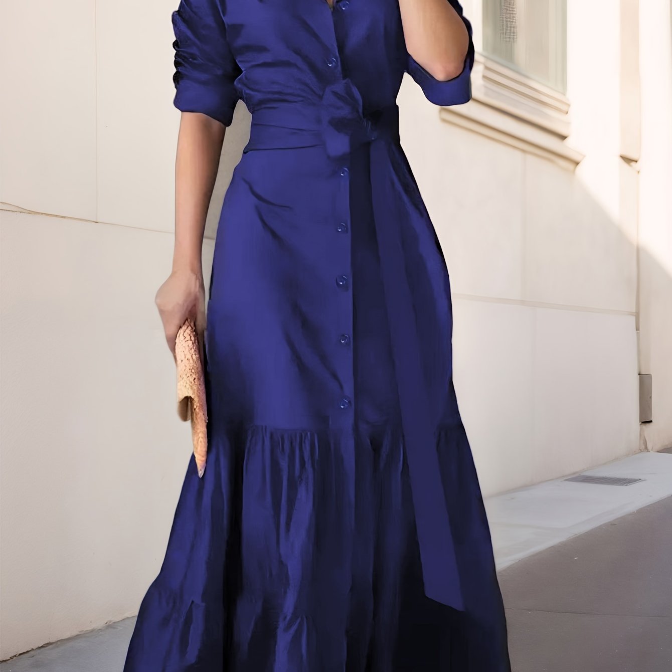 Women's Casual Tie V Neck Dress Fall Winter Long Sleeve A Line Swing Tunic Maxi Dress