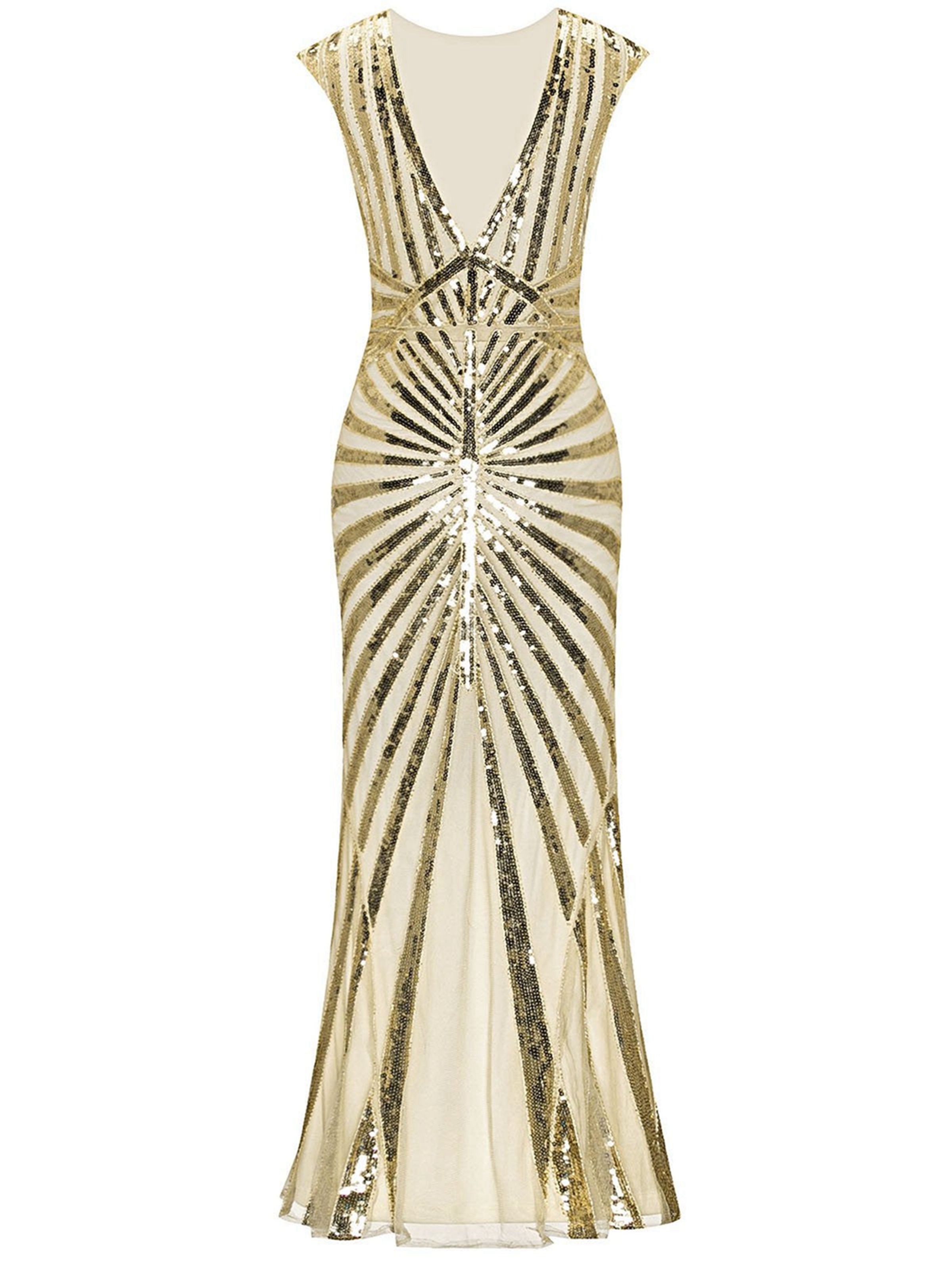 Women Fashion Vintage Style Sequin Art Deco V-neck Sleeveless Dress