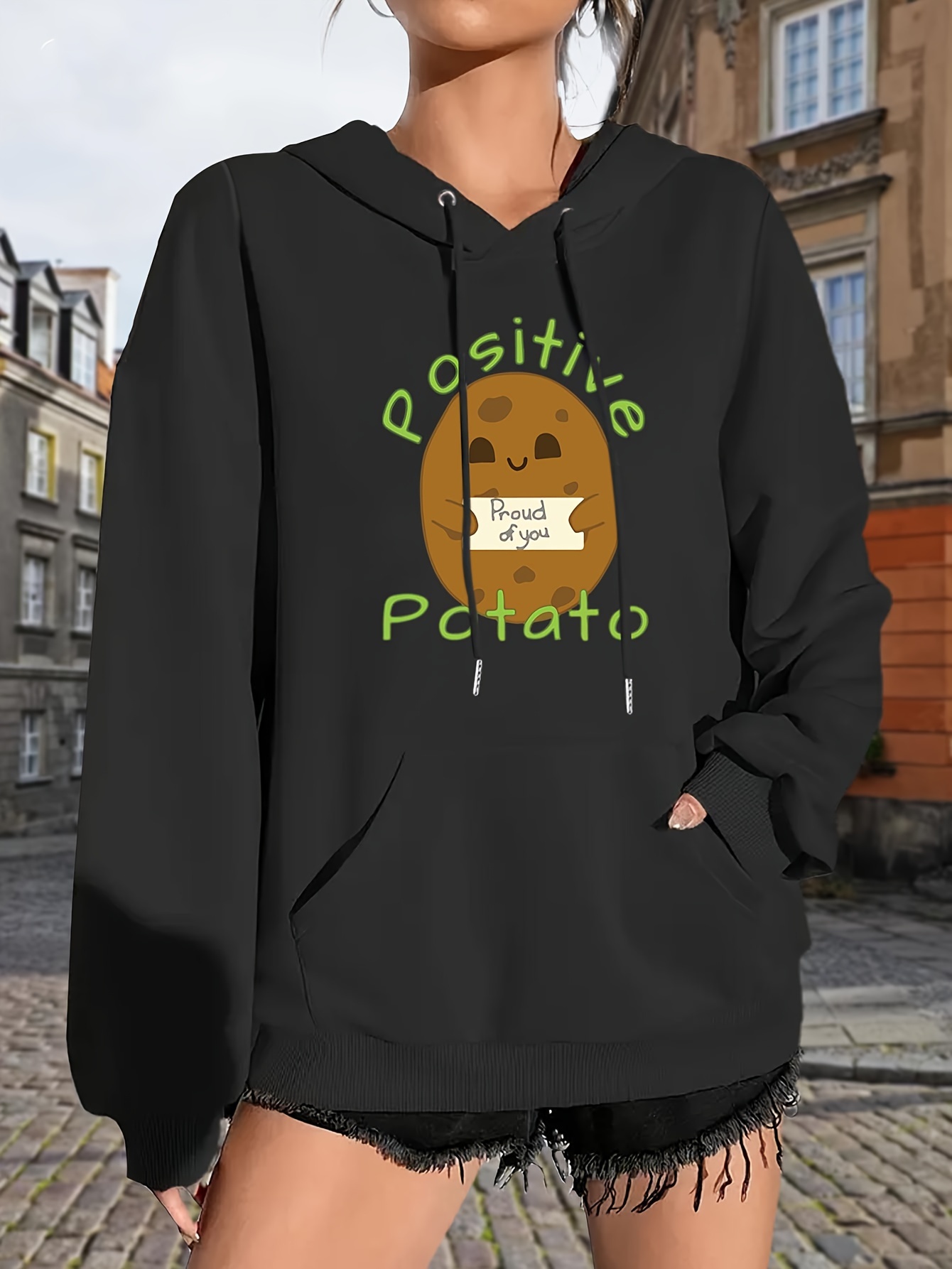 Fashion Creative Potato Chip Print Pattern Hooded Sweatshirt, Drawstring Long Sleeve Front Pocket Sweatshirt, Women's Autumn Winter Sports Sweatshirt, Womens