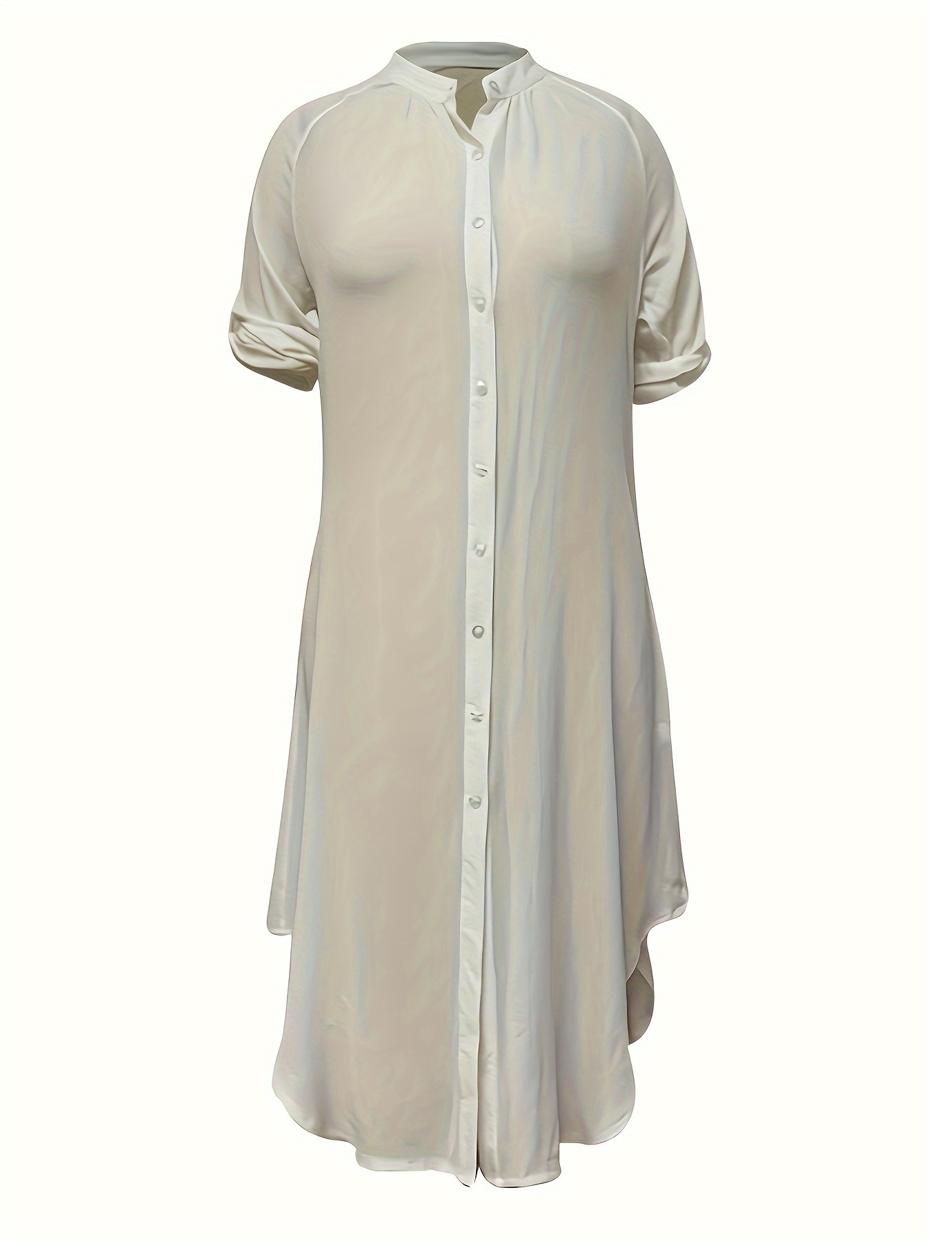 Solid Textured Crew Neck Shirt Dress, Elegant Long Sleeve Side Spilt Button Down Dress For Spring & Summer, Women's Clothing