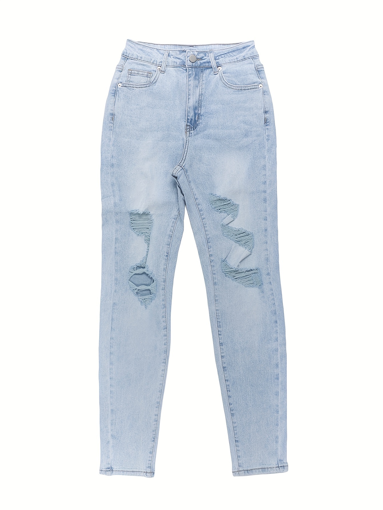 Skinny Fit Ripped Plain Washed Blue Casual Style Zipper Button Closure Denim Pants, Women's Denim Jeans & Clothing
