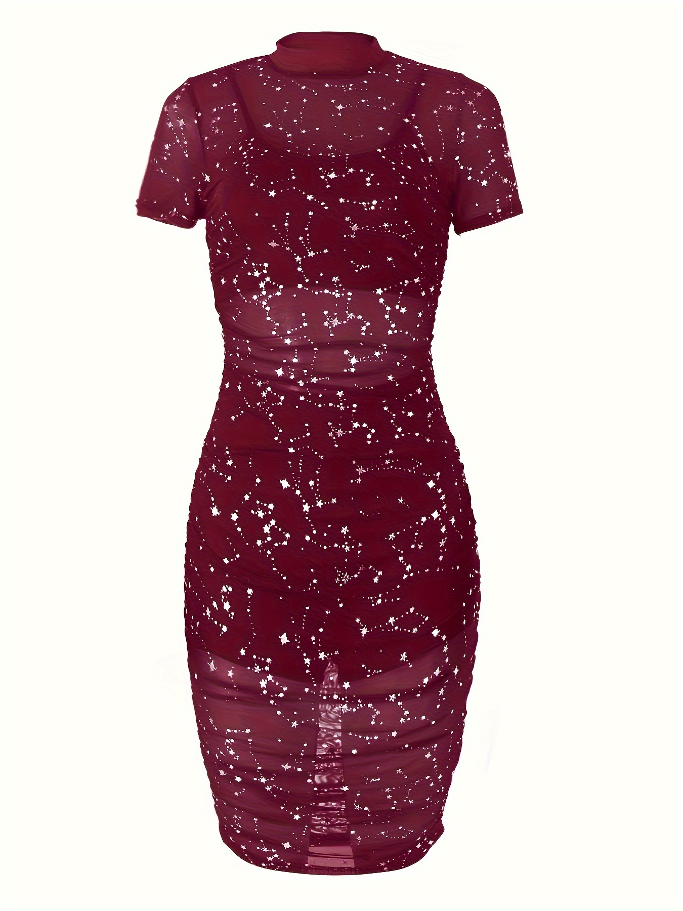 3 Piece Outfits For Women Glitter See Through Short Sleeve Ruched Mesh Dress With Crop Tops And Shorts