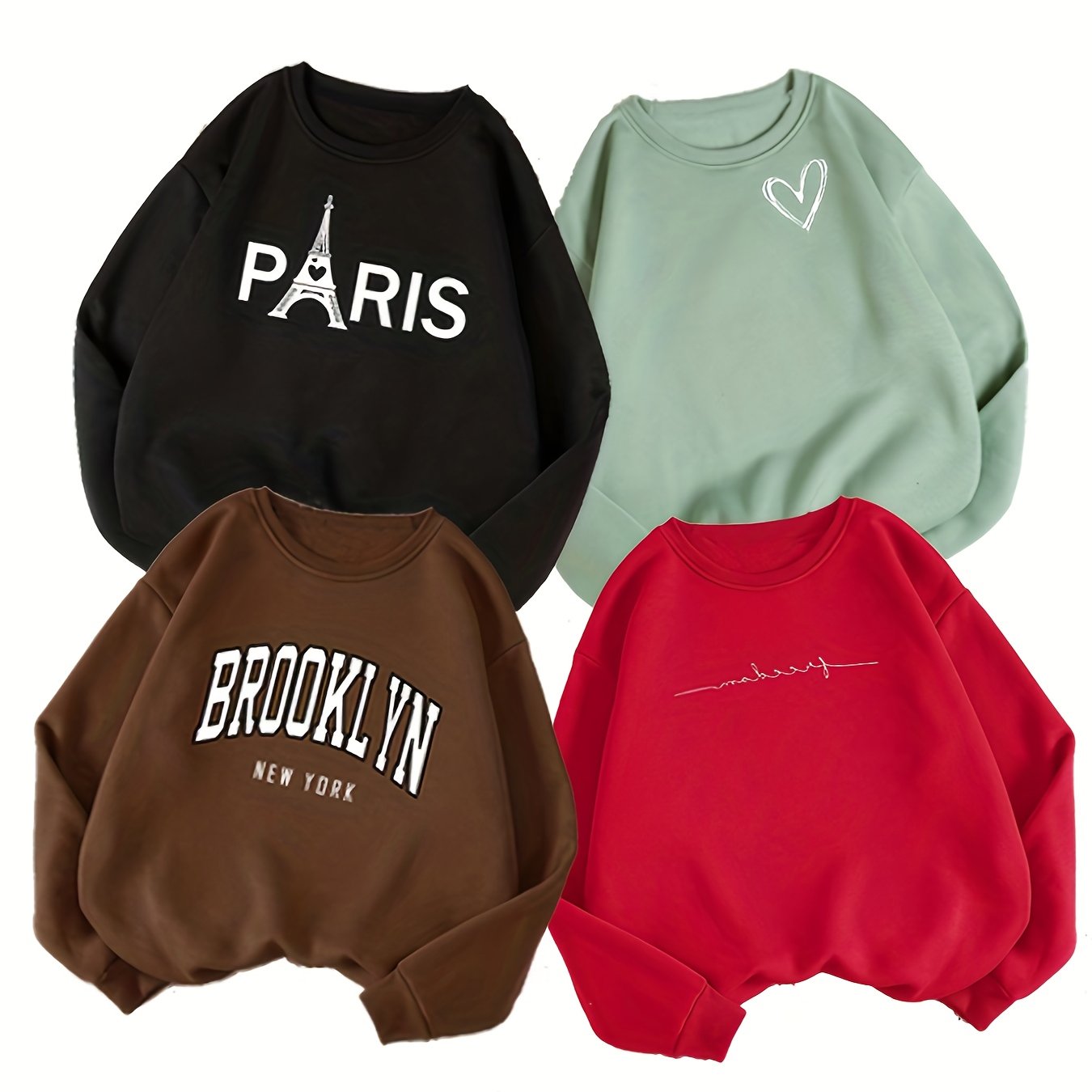 4pcs Printed Round Neck Sports Sweatshirt, Long Sleeve Pullover Sweatshirt, Women's Clothing