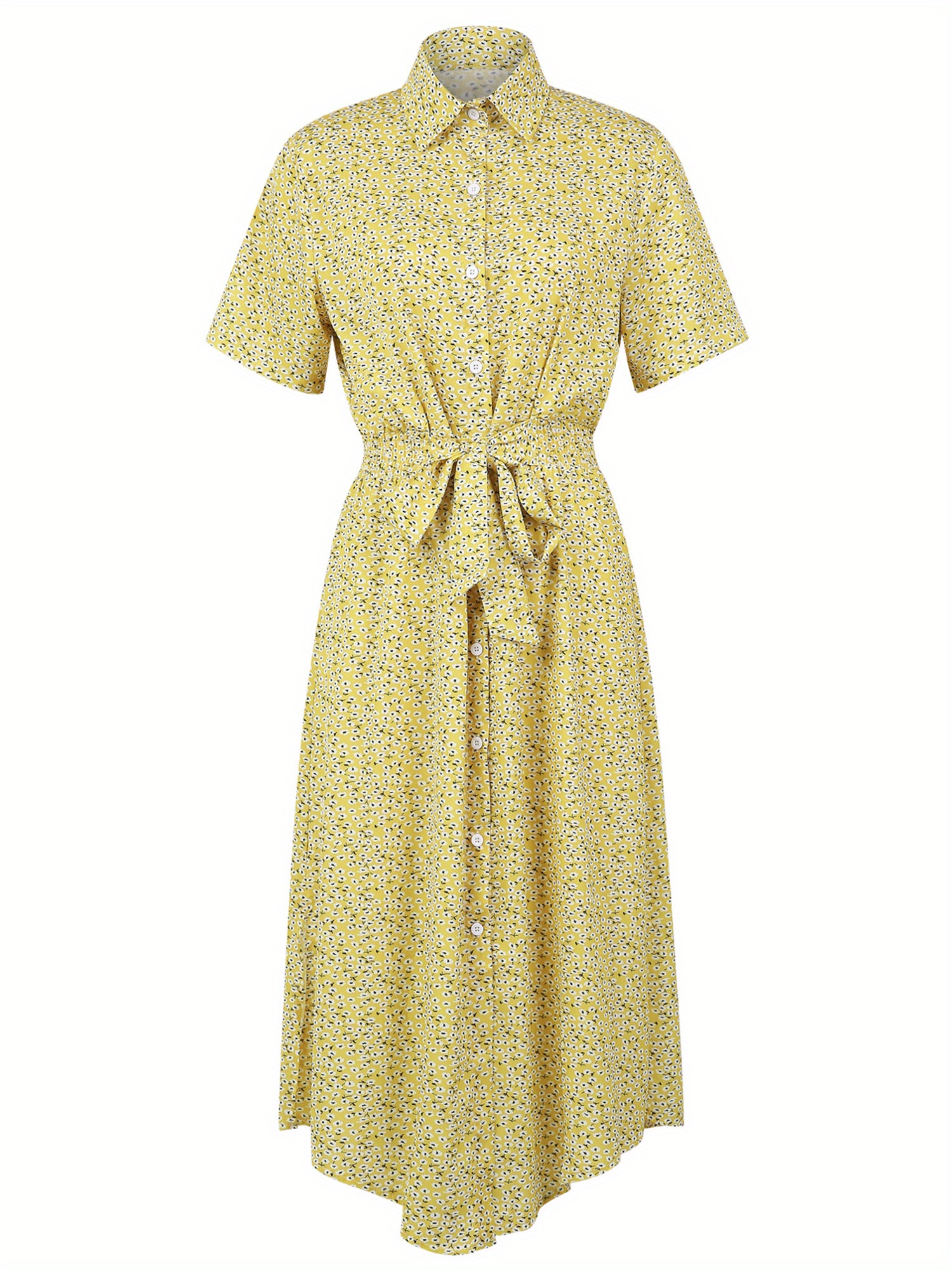 Allover Print Single Breasted Shirt Dress, Elegant Short Sleeve Belted Dress For Spring & Summer, Women's Clothing