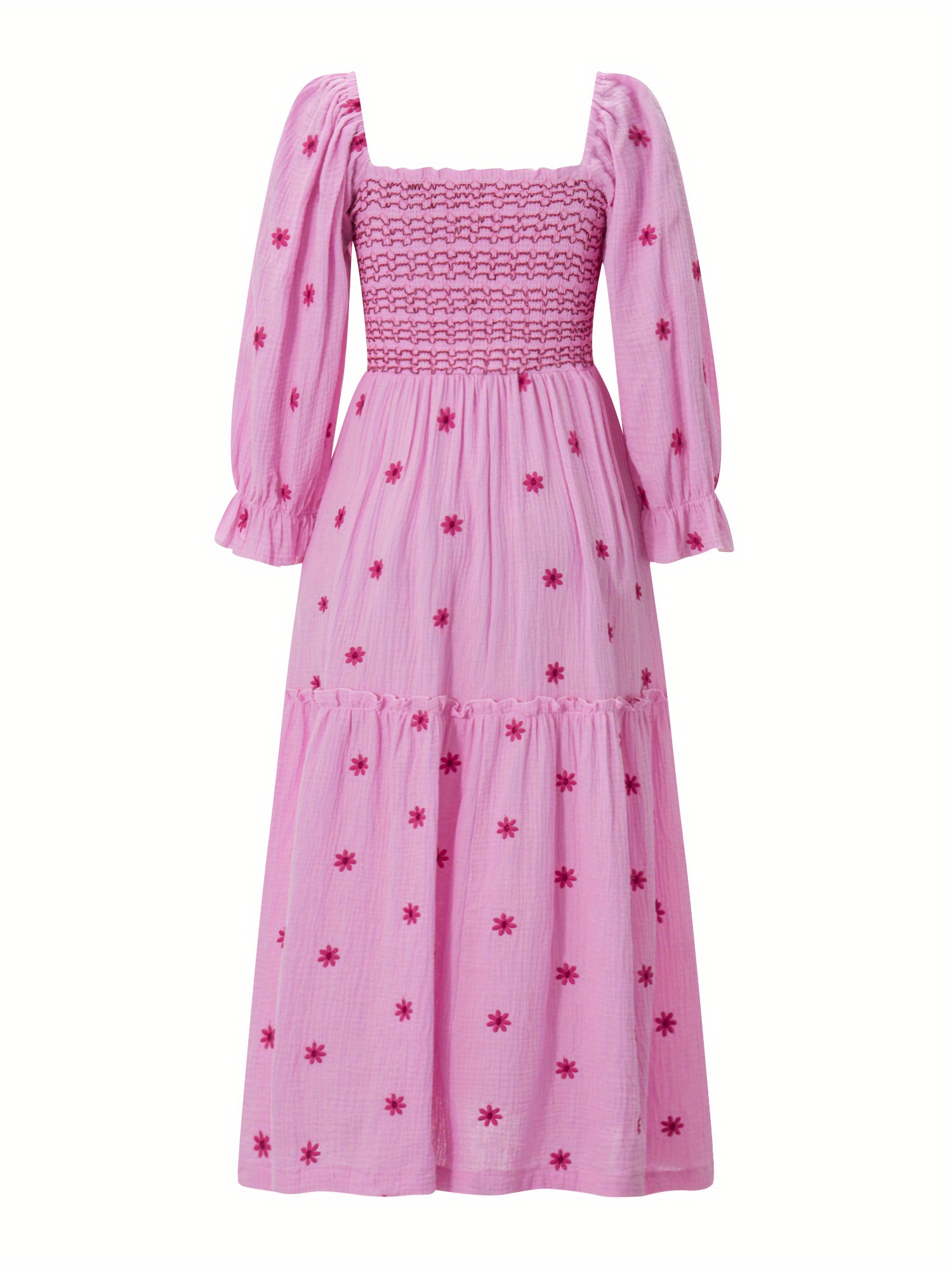Women Summer Casual Long Dress 3D Embroidered Flowers Square Neck Puff Sleeve Dress Fashion Backless A-line Dress