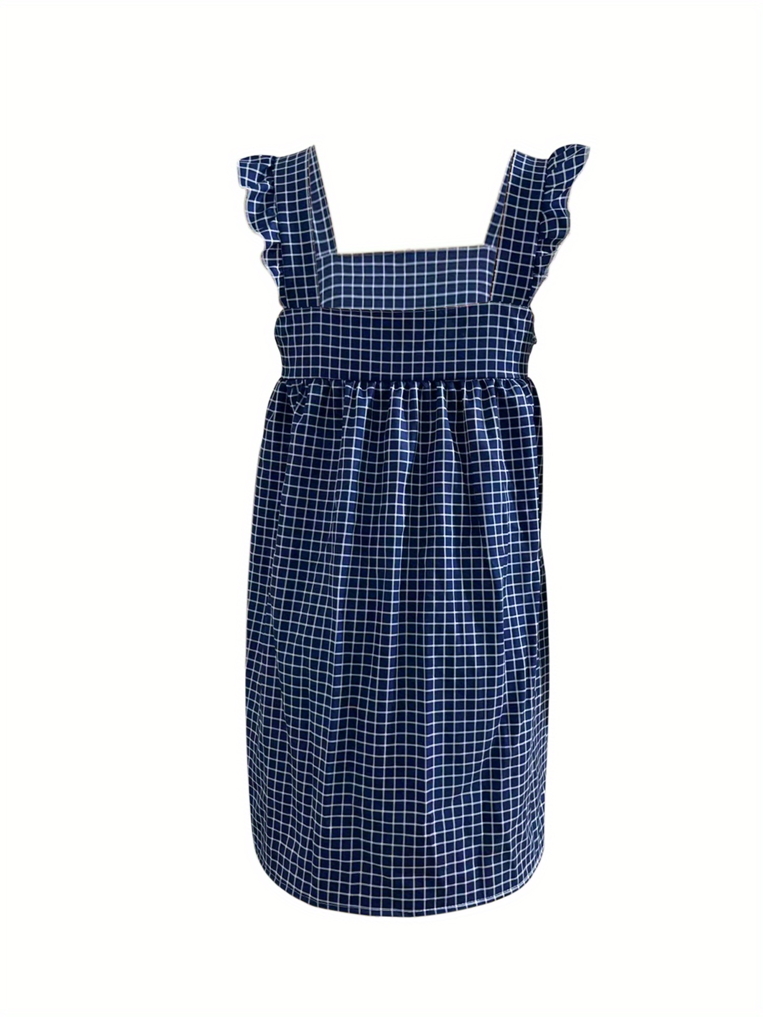 Plaid Print Strap Dress, Casual Sleeveless Backless Ruffle Hem Strap Dress For Spring & Summer, Women's Clothing