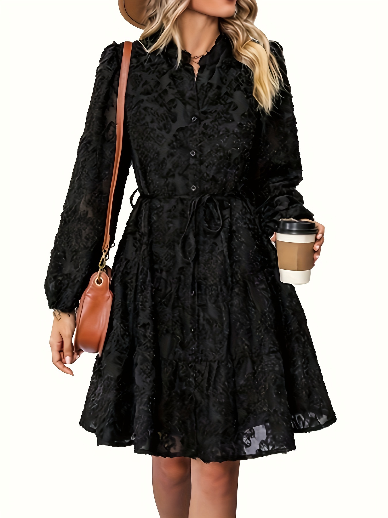 Elegant Bohemian Style Little Black Dress For Autumn Three-dimensional Flower Long-sleeved Round Neck Dress
