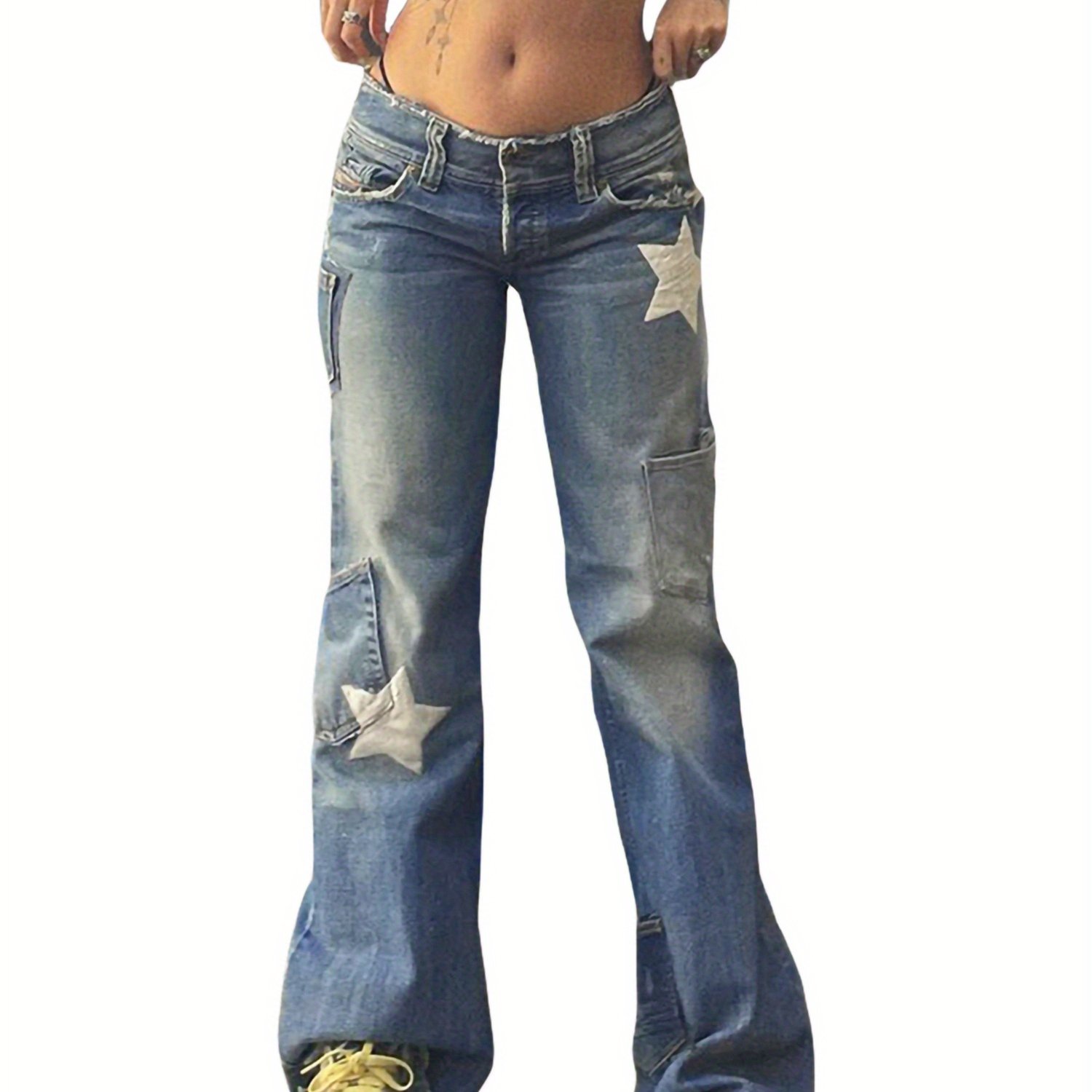 Female Jeans, Star Patterns High Waist Long Straight-Leg Pants with Pockets for Spring Fall, Blue, S FM FL