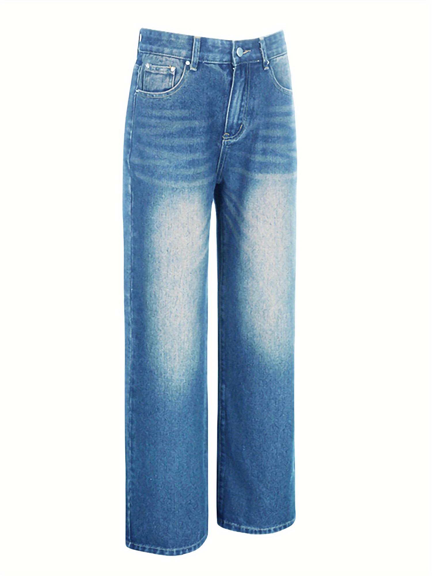Straight Leg Distressed Washed Casual Style Zipper Button Closure Denim Pants, Women's Denim Jeans & Clothing