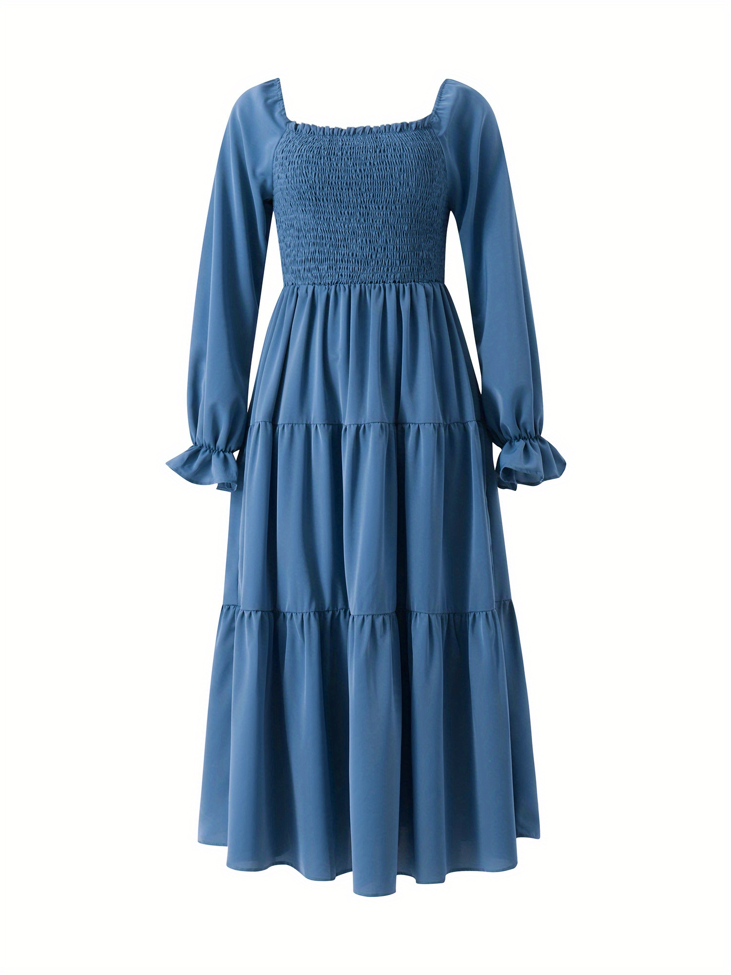 Shirred Ruffle Hem Square Neck Dress, Elegant Long Sleeve Dress For Spring & Fall, Women's Clothing