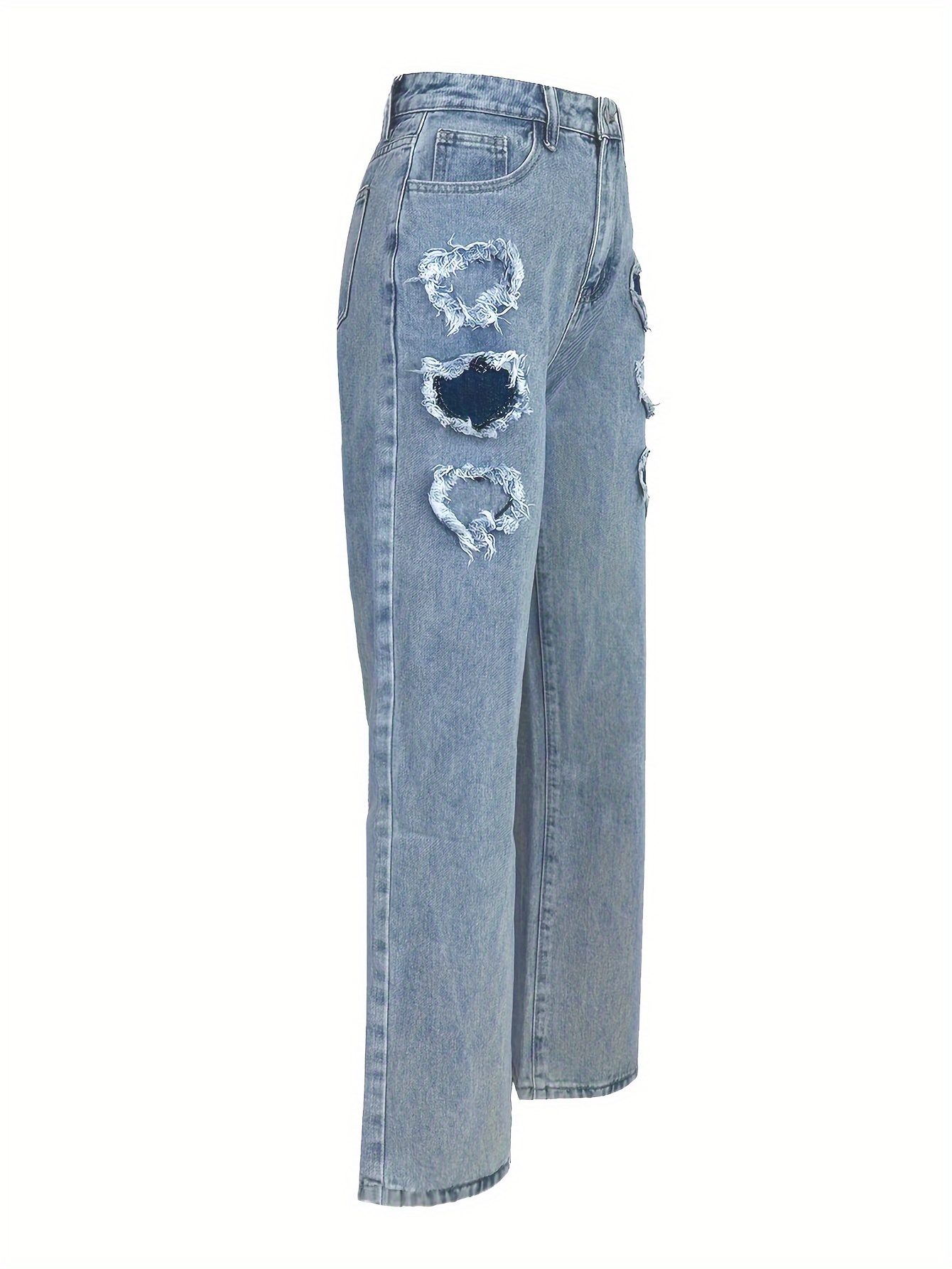 Women's Street Style Heart Raw Detail High-Waisted Distressed Straight Leg Jeans Cute Denim Pants