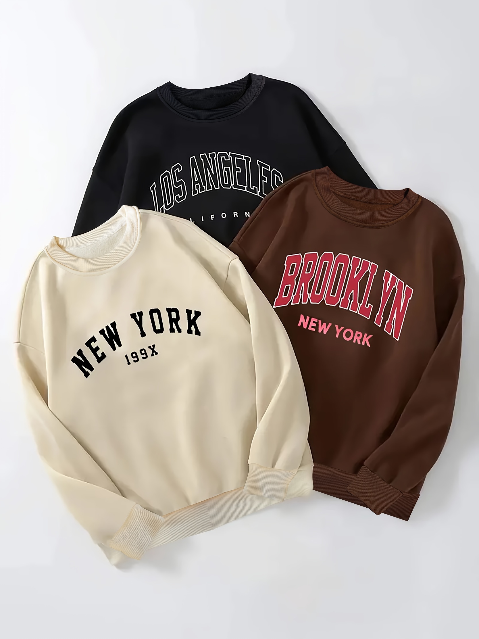 3Pcs Letter Print Pullover Sweatshirts, Long Sleeve Crew Neck Fleece Liner Sweatshirts, Women's Clothing