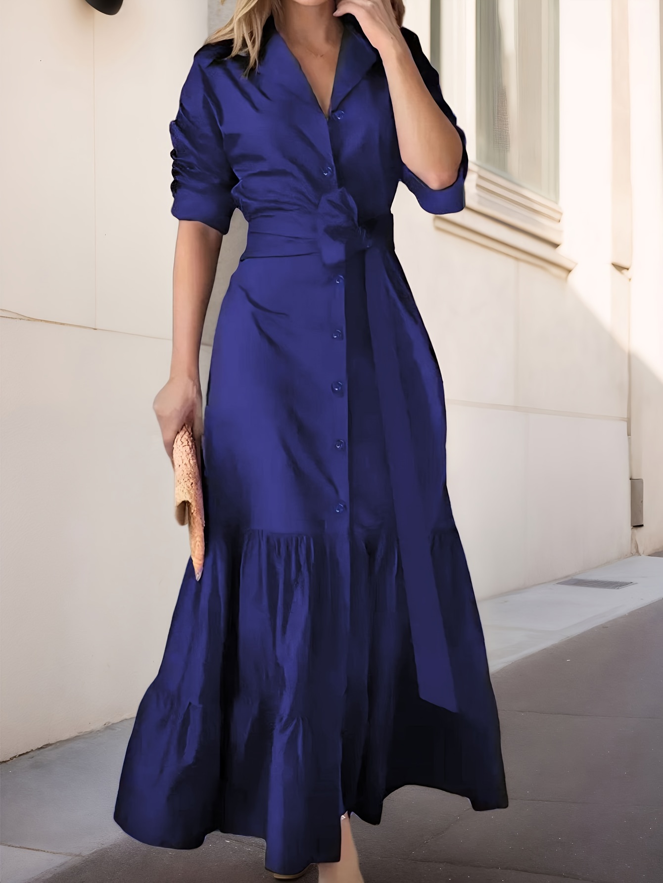 Women's Casual Tie V Neck Dress Fall Winter Long Sleeve A Line Swing Tunic Maxi Dress