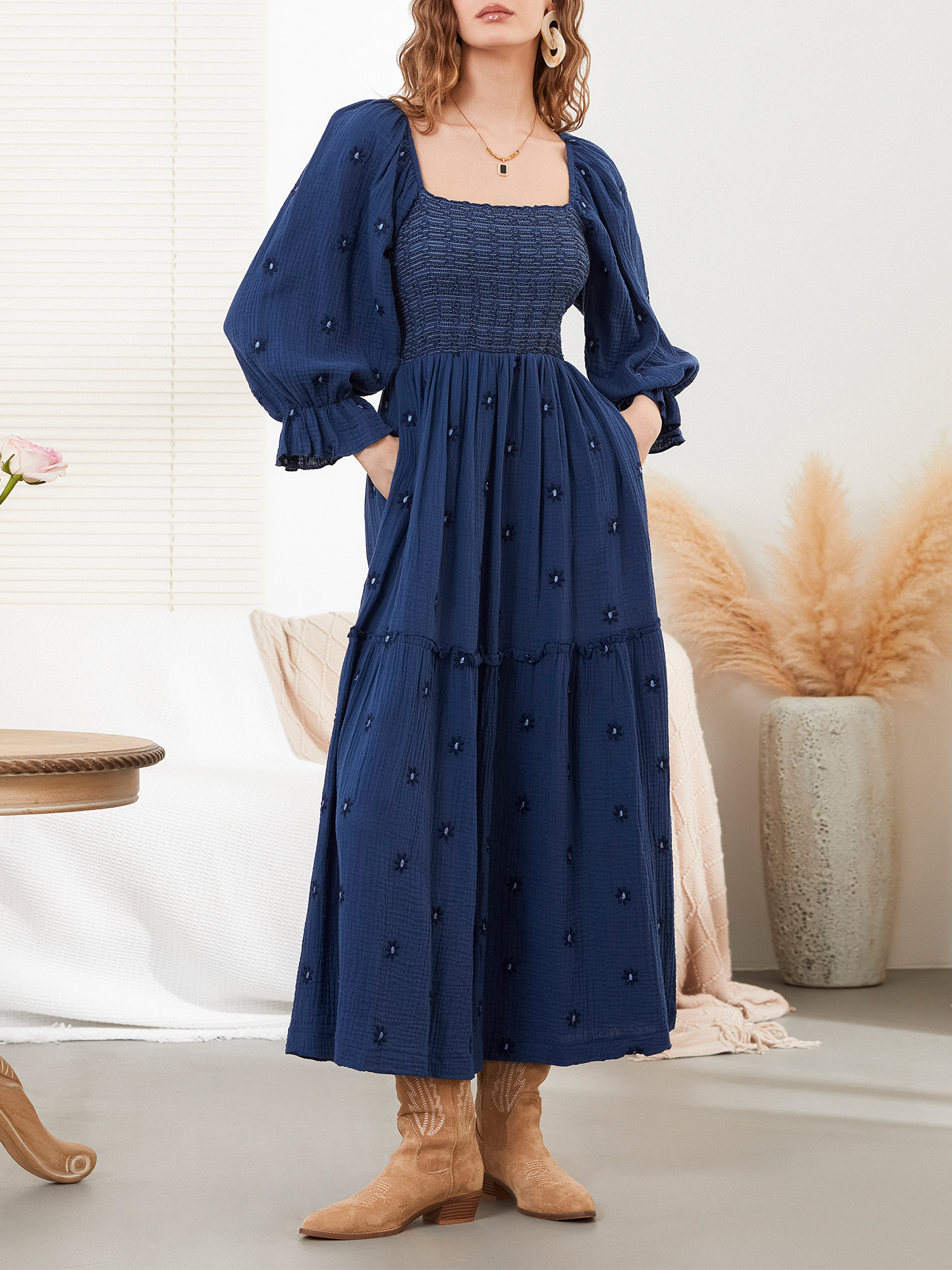 Women Summer Casual Long Dress 3D Embroidered Flowers Square Neck Puff Sleeve Dress Fashion Backless A-line Dress