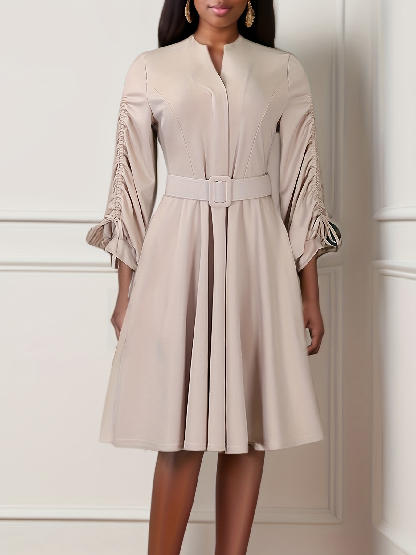 Fashionable V-Neck Drawstring Pleated Elegant Dress