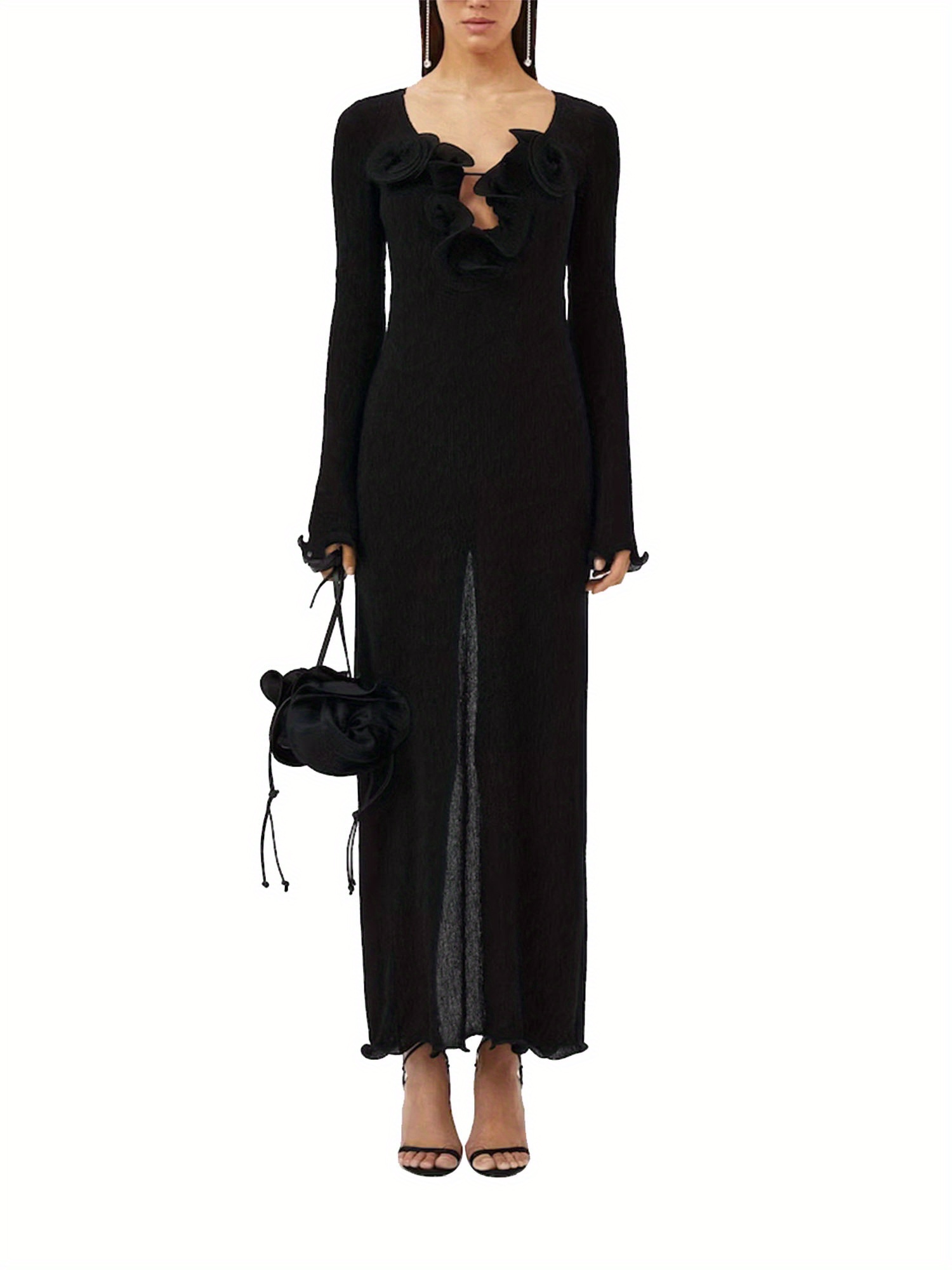 Women Long Dress, Long Sleeve Slit Dress Flower Slim Fit Cocktail Dress for Party Evening