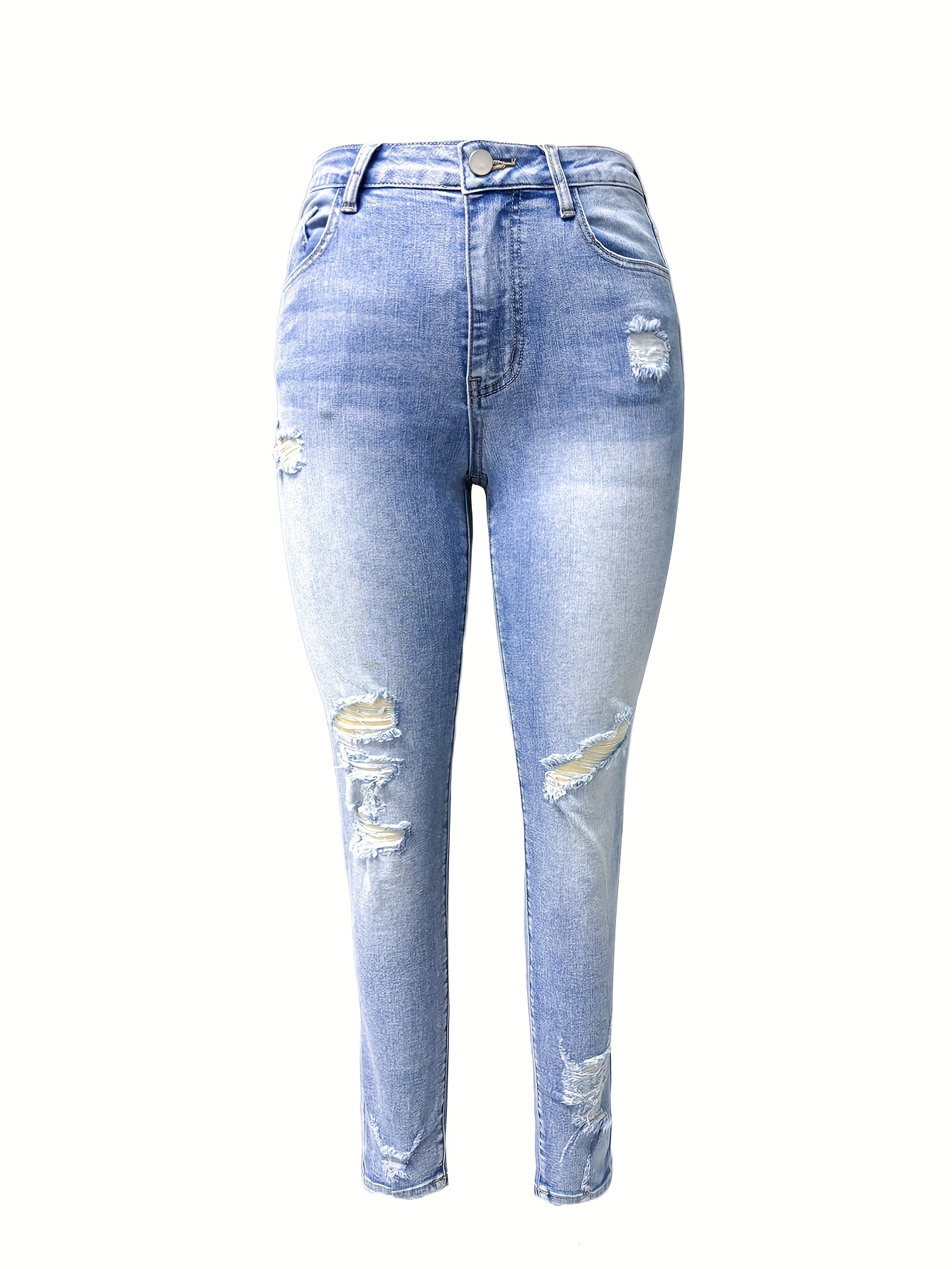 High-Waisted Skinny Jeans For Women, Cotton Blend, Streetwear Style, Machine Washable, All-Season, Pocket Details, Stretchy Fit