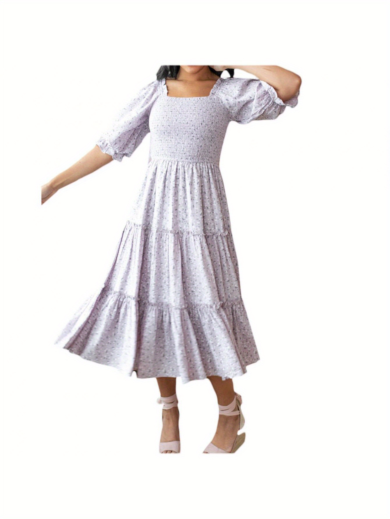 Floral Print Square Neck Shirred Dress, Elegant Puff Sleeve Ruffle Hem Dress Midi Dress For Spring & Summer, Women's Clothing