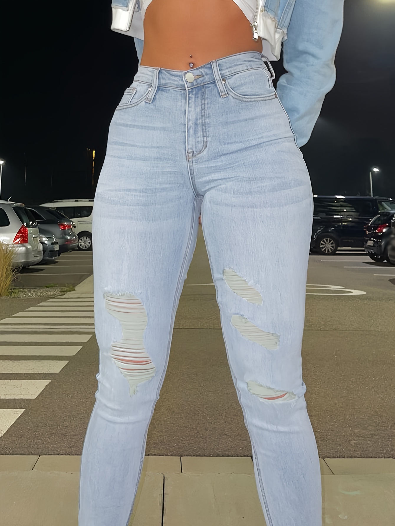 Skinny Fit Ripped Plain Washed Blue Casual Style Zipper Button Closure Denim Pants, Women's Denim Jeans & Clothing