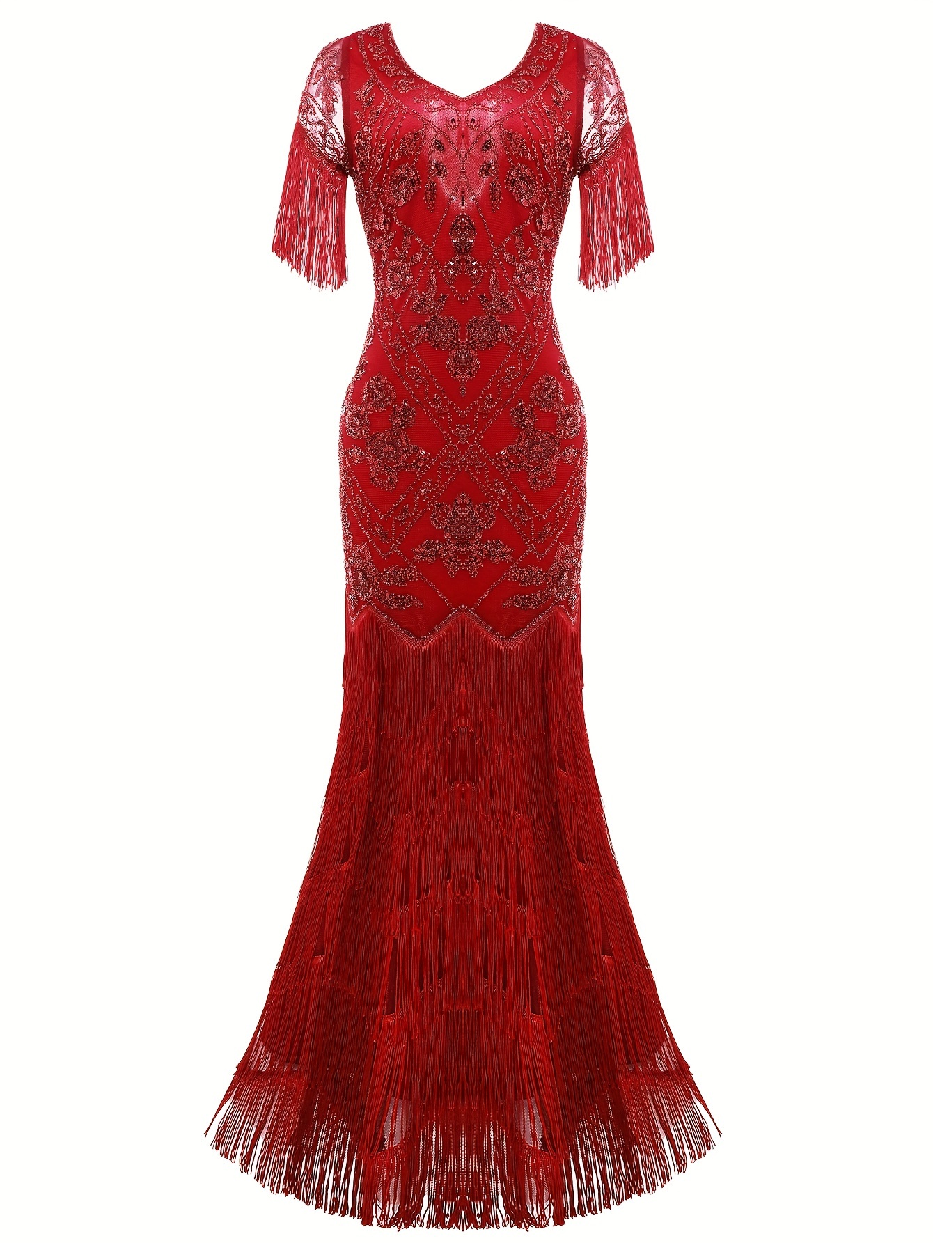 Women's Flapper Dress 1920s V-Neck Evening Gown Sequin Beaded Maxi Dress For Wedding Black Silver