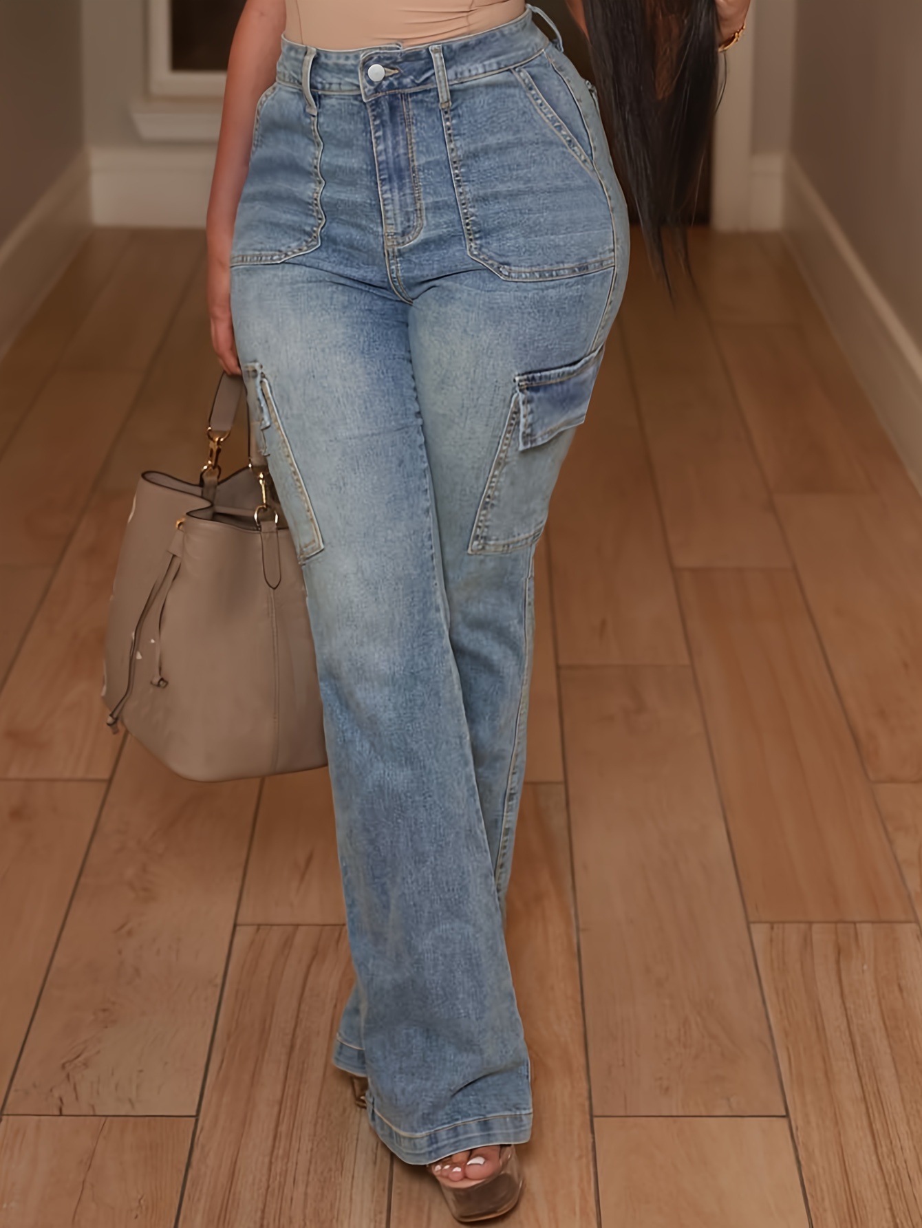 Plain Washed Blue Side Flap Pocket Streetwear Loose Fit Cargo Jeans Denim Pants, Women's Denim Jeans & Clothing