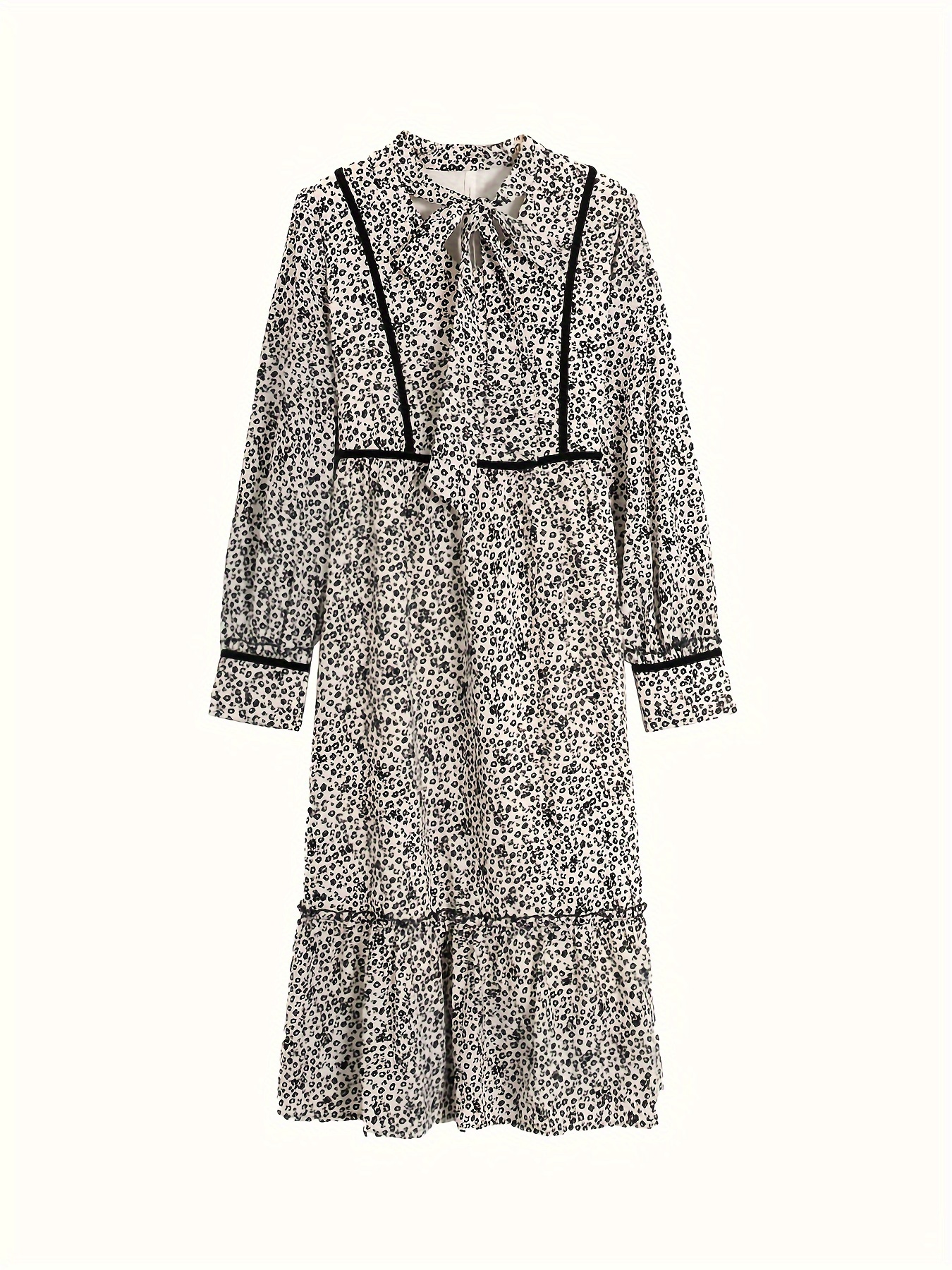 Floral Print Tie Neck Dress, Casual Long Sleeve Knee Length Dress For Spring & Fall, Women's Clothing