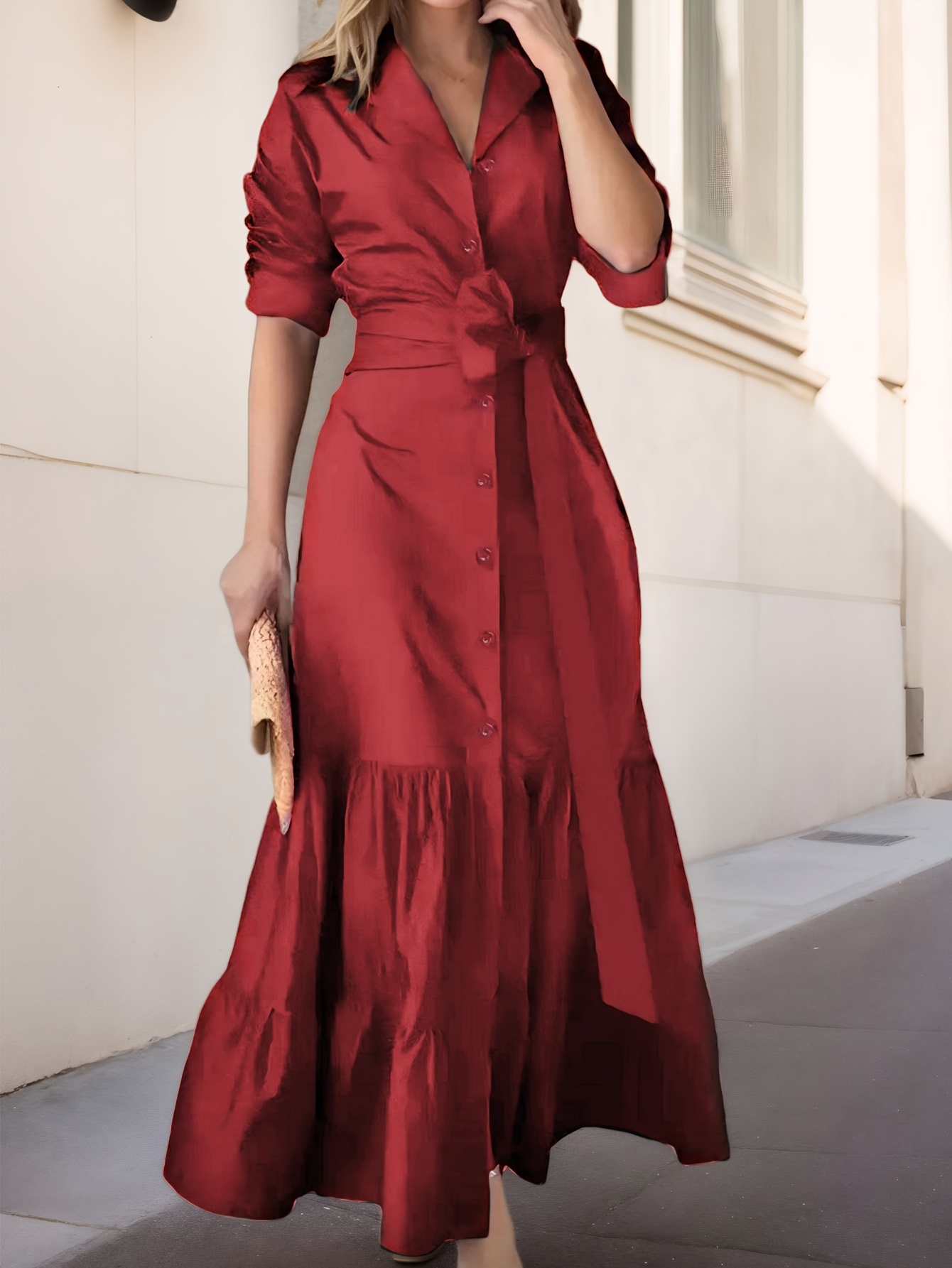 Women's Casual Tie V Neck Dress Fall Winter Long Sleeve A Line Swing Tunic Maxi Dress