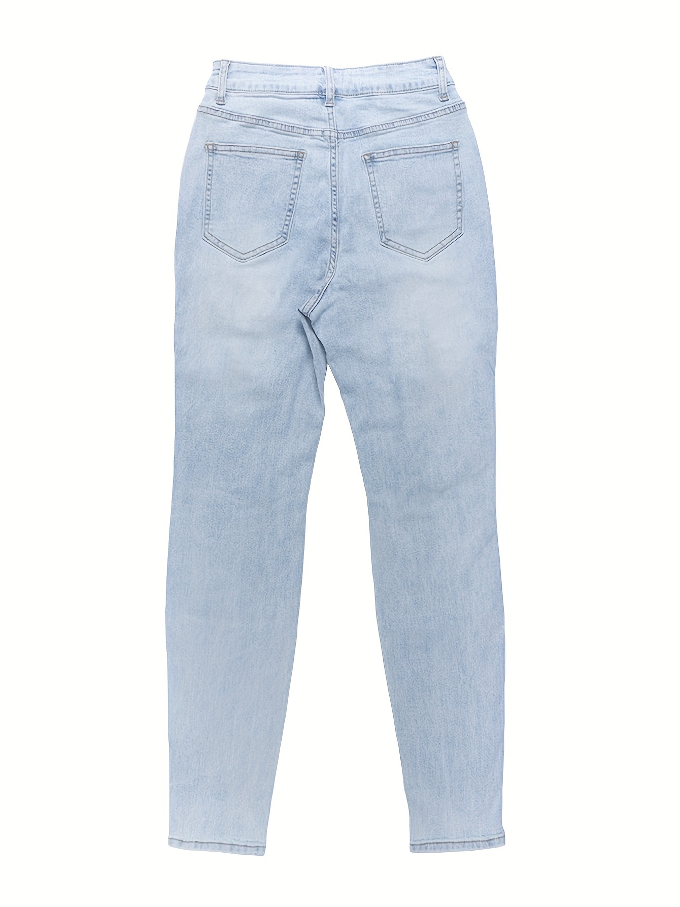 Skinny Fit Ripped Plain Washed Blue Casual Style Zipper Button Closure Denim Pants, Women's Denim Jeans & Clothing