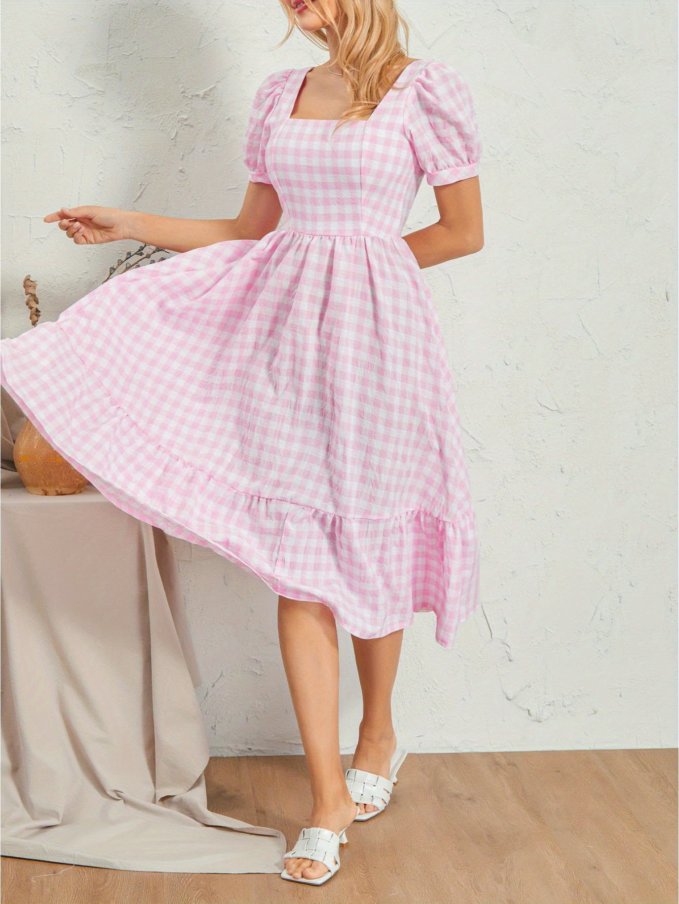 Gingham Print Square Neck Midi Dress, Casual Puff Sleeve A Line Dress For Spring & Summer, Women's Clothing