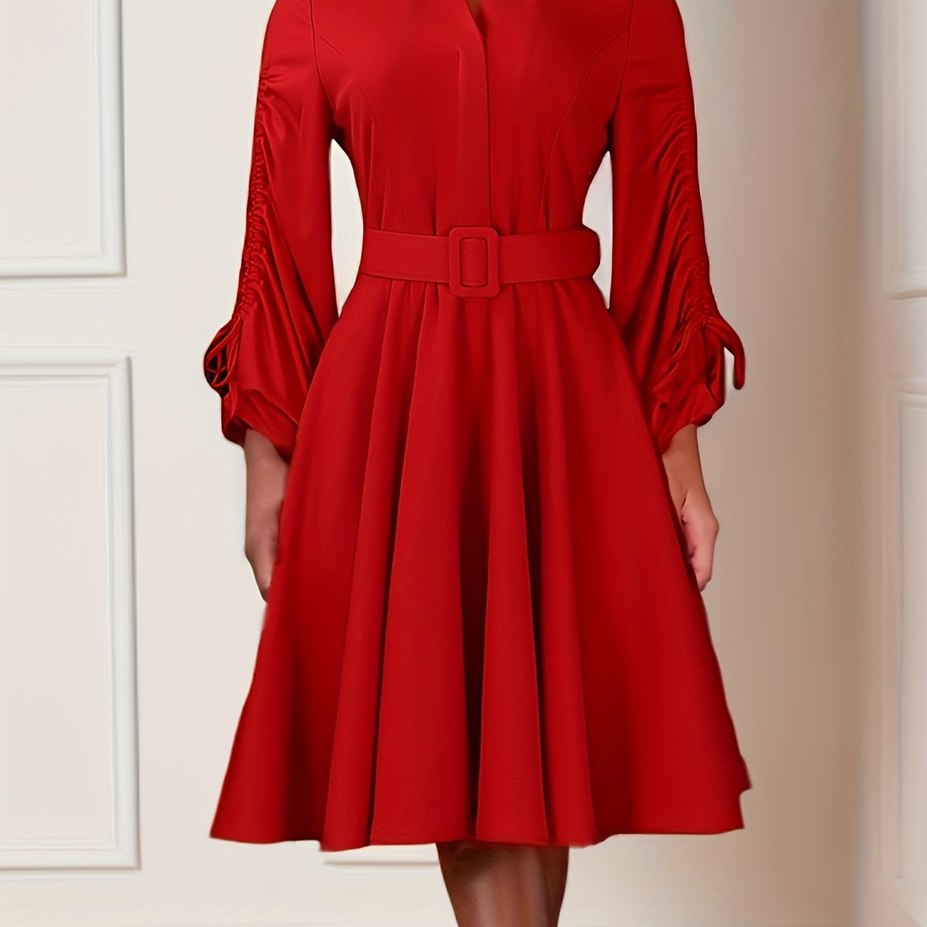 Fashionable V-Neck Drawstring Pleated Elegant Dress