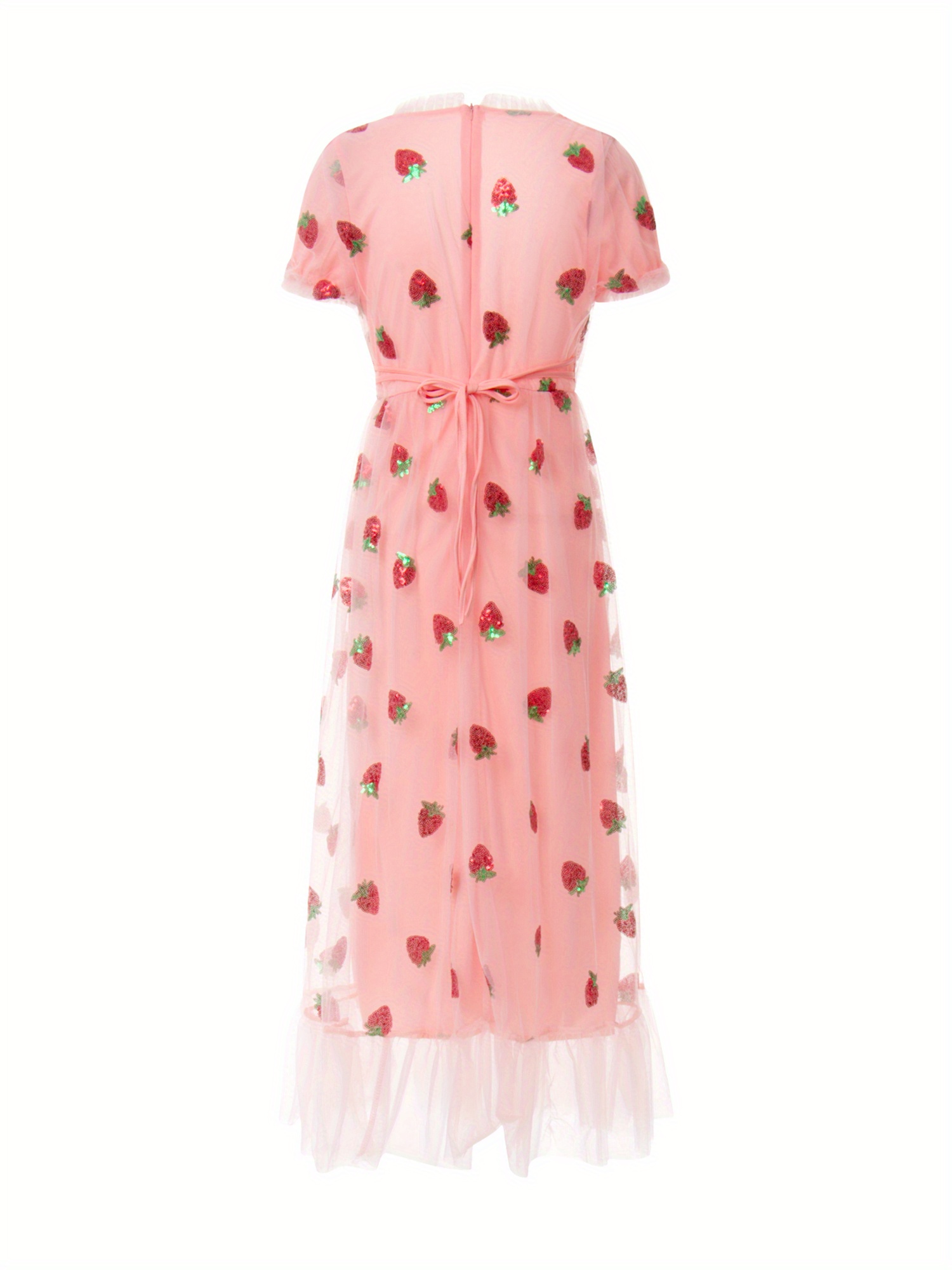 Women Sequin Embroidered Strawberry Cocktail Dress Lace Up Mesh Yarn Plunge V Neck A-line Pleated Dresses