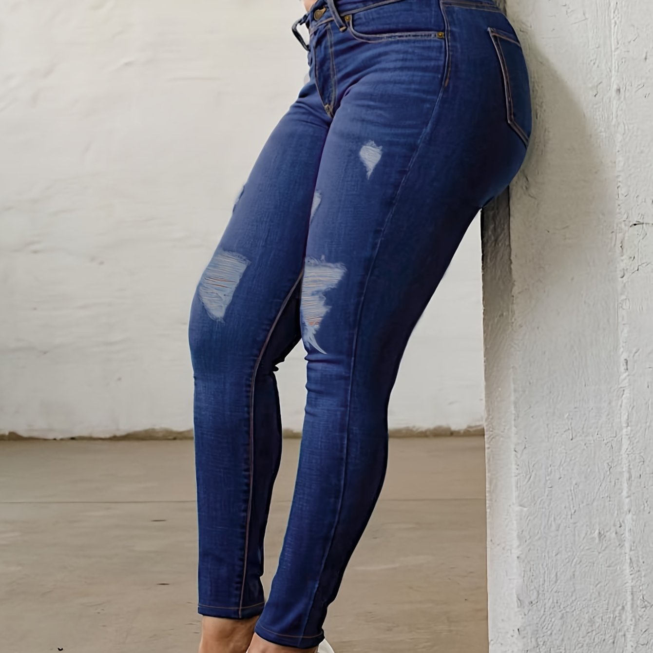 Skinny Fit Ripped Plain Washed Blue Casual Style Zipper Button Closure Denim Pants, Women's Denim Jeans & Clothing
