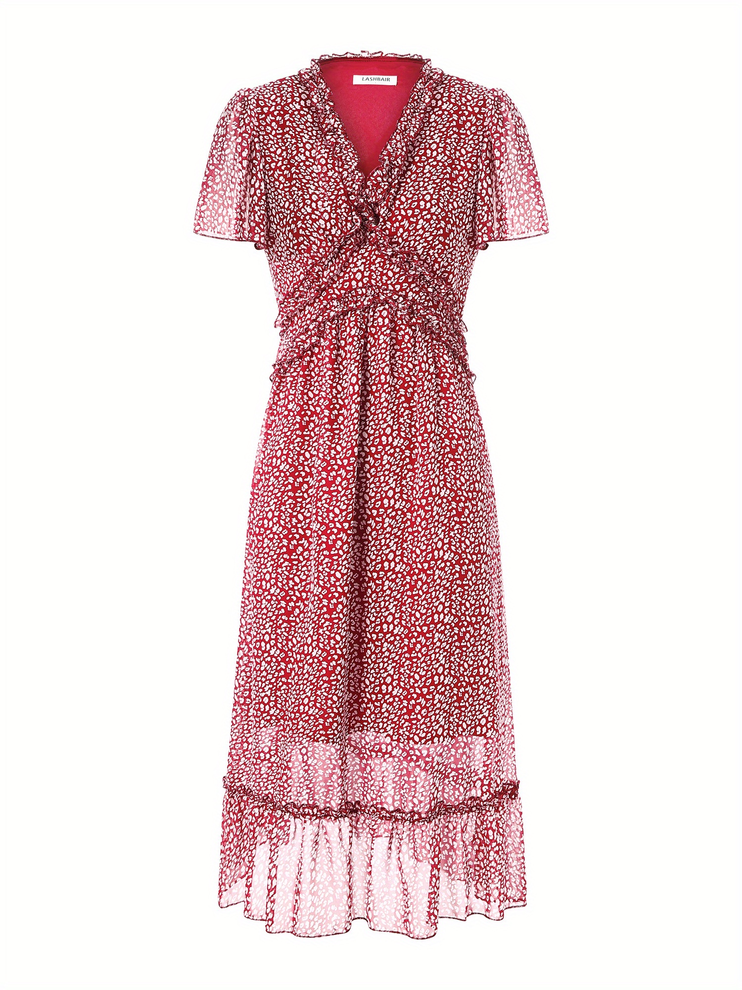Women's Midi Dress, Female V Neck Short Sleeve High Waist Ruffle Trim Floral Printed Dresses