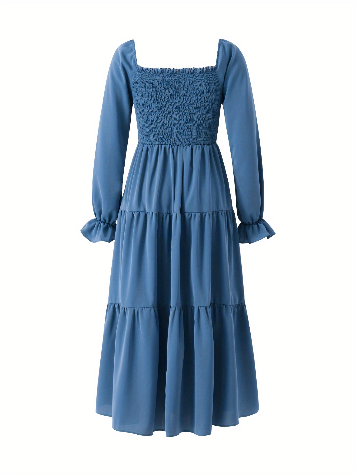 Shirred Ruffle Hem Square Neck Dress, Elegant Long Sleeve Dress For Spring & Fall, Women's Clothing