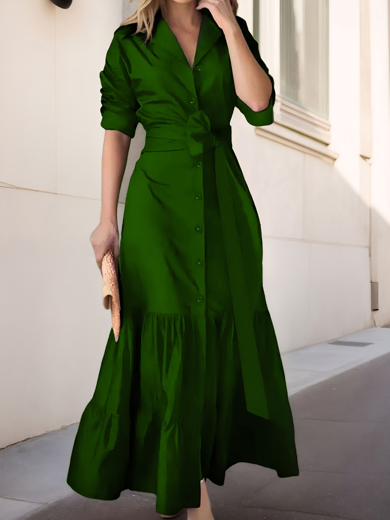 Women's Casual Tie V Neck Dress Fall Winter Long Sleeve A Line Swing Tunic Maxi Dress