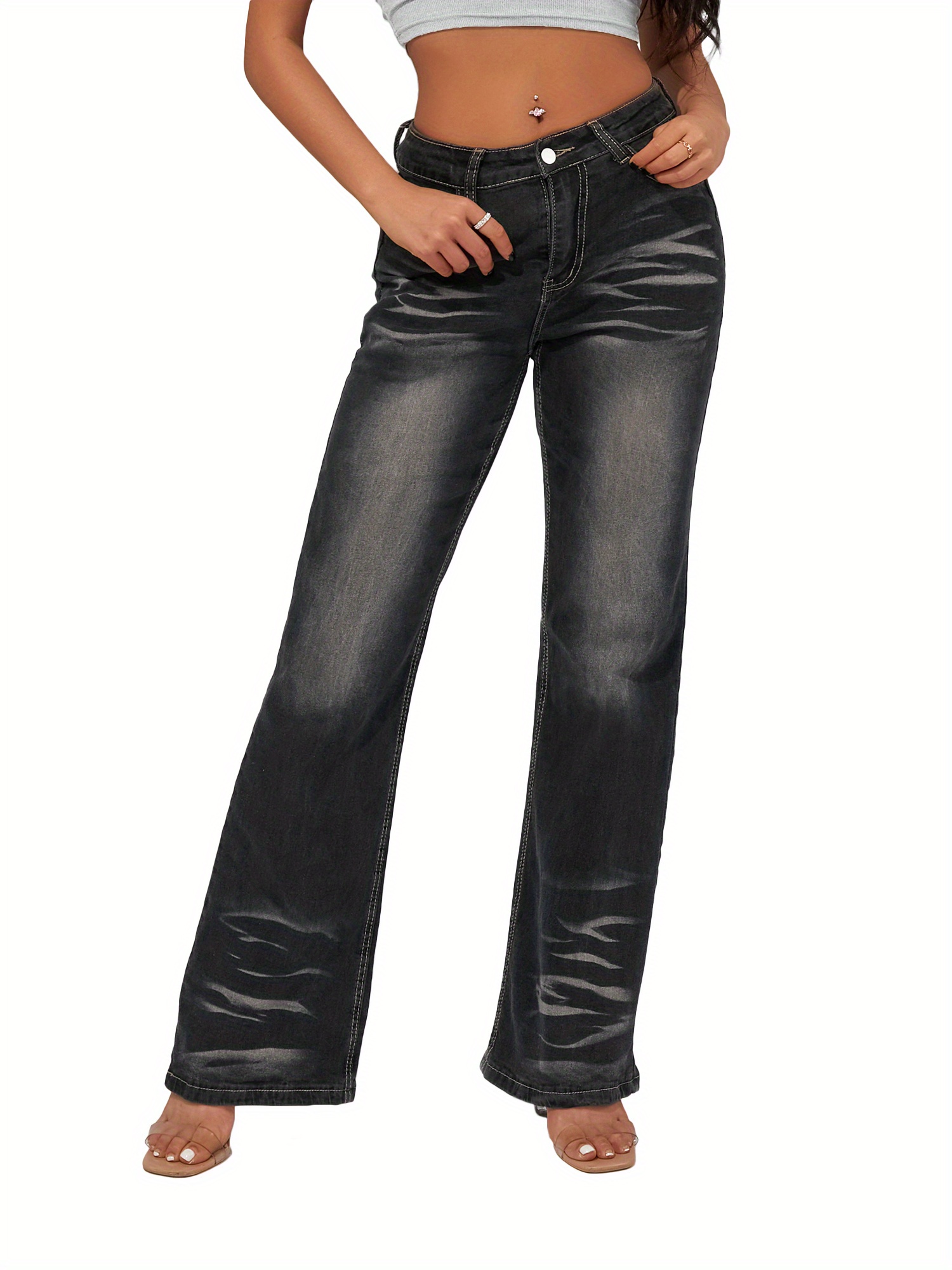 Whiskering Washed Casual Style Zipper Button Closure Wide Leg Denim Pants, Women's Denim Jeans & Clothing