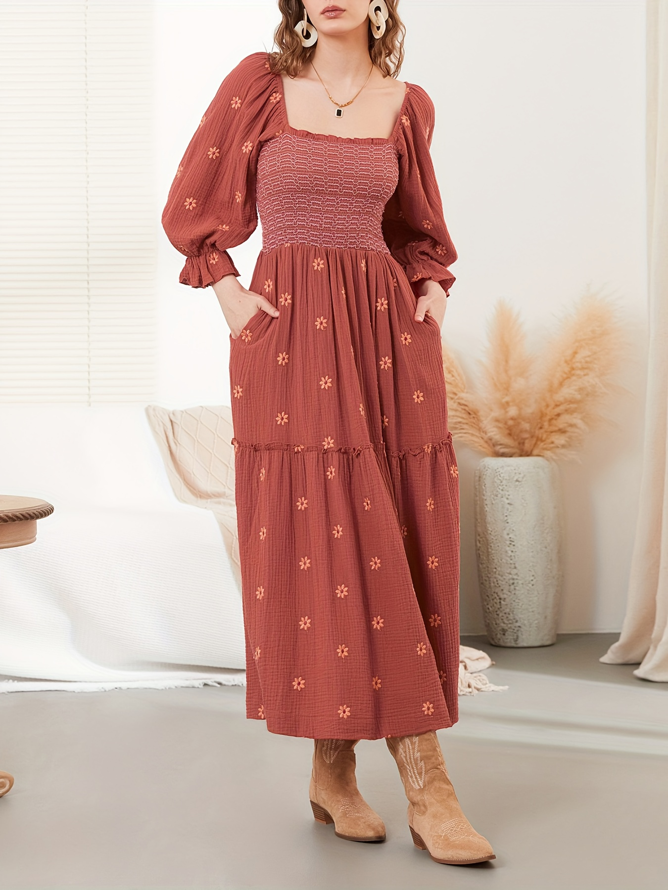Women Summer Casual Long Dress 3D Embroidered Flowers Square Neck Puff Sleeve Dress Fashion Backless A-line Dress