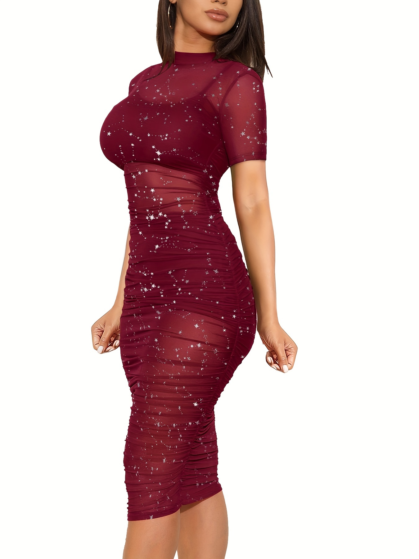 3 Piece Outfits For Women Glitter See Through Short Sleeve Ruched Mesh Dress With Crop Tops And Shorts