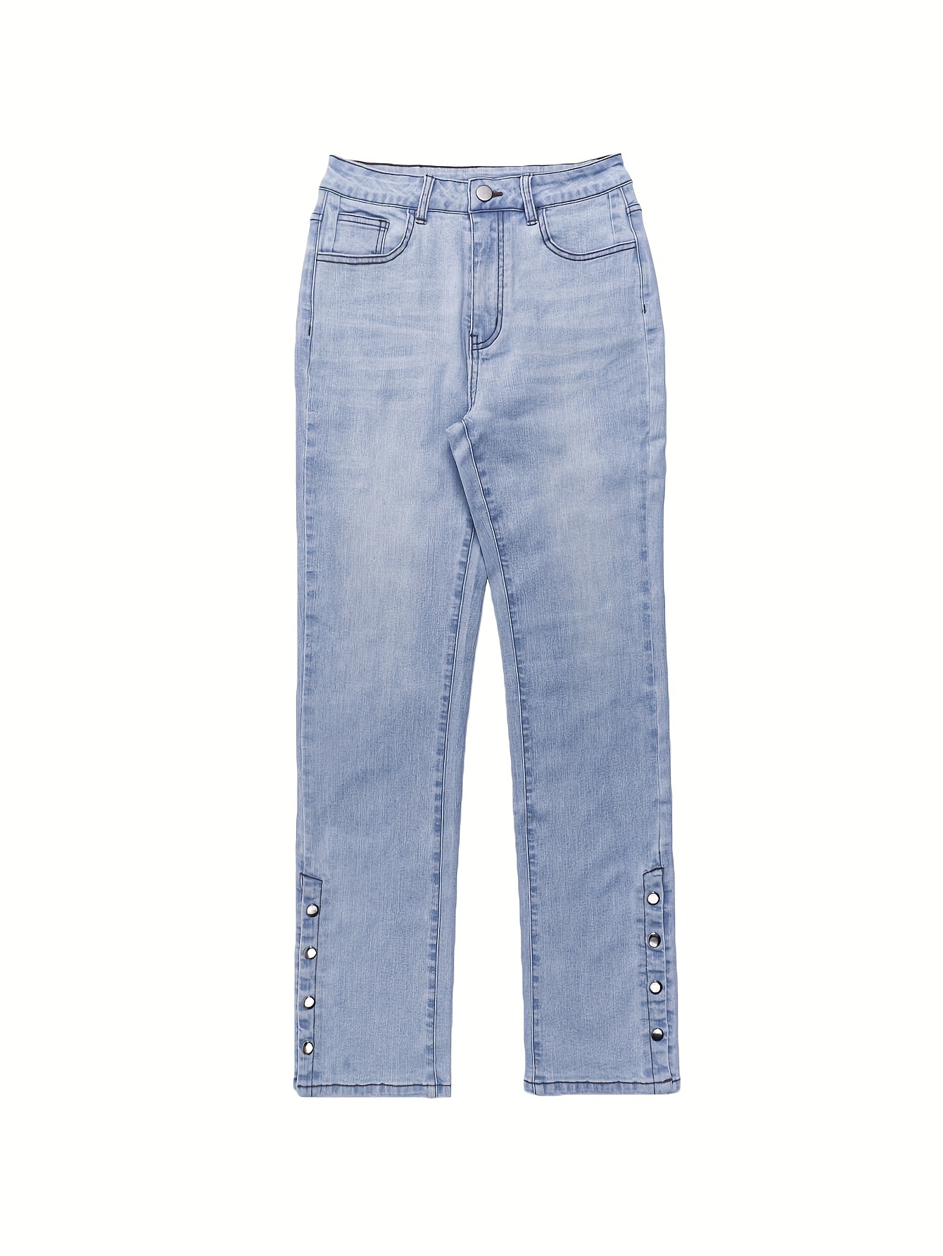Slim-Fit, High-Waisted Denim Jeans with Zipper and Button Closure, Side Button Detail, and Split Hem - Perfect for Street Style