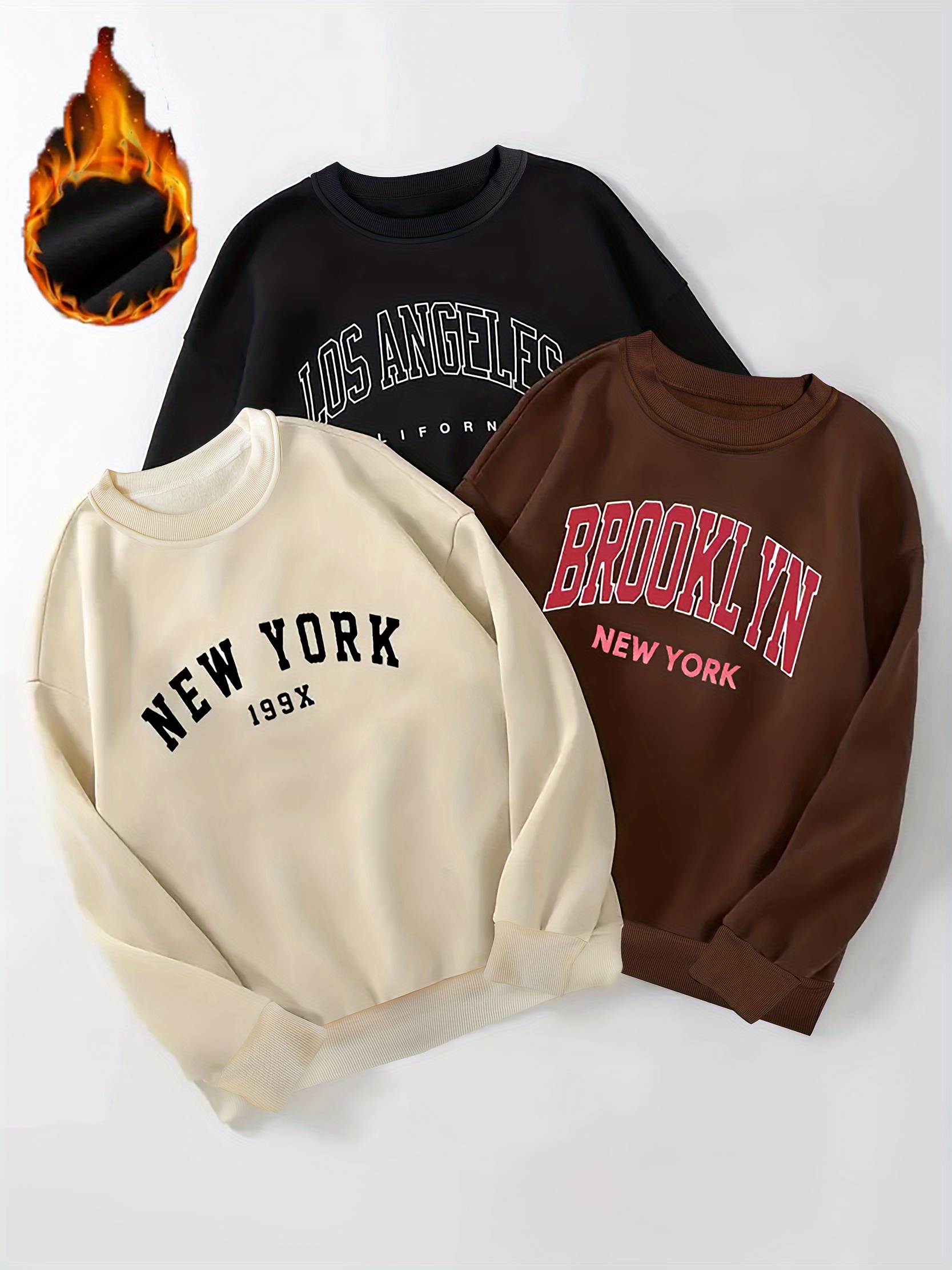 3Pcs Letter Print Pullover Sweatshirts, Long Sleeve Crew Neck Fleece Liner Sweatshirts, Women's Clothing